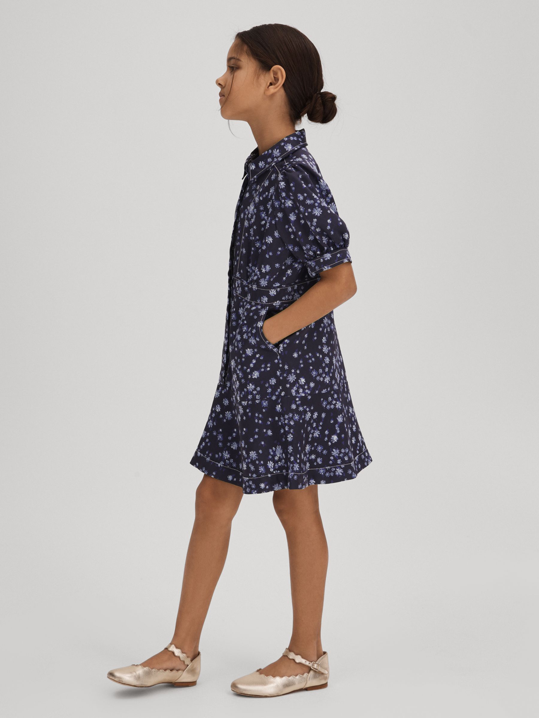 9-13 yrs Printed Puff Sleeve Dress in Navy Print - Image 1 of 6