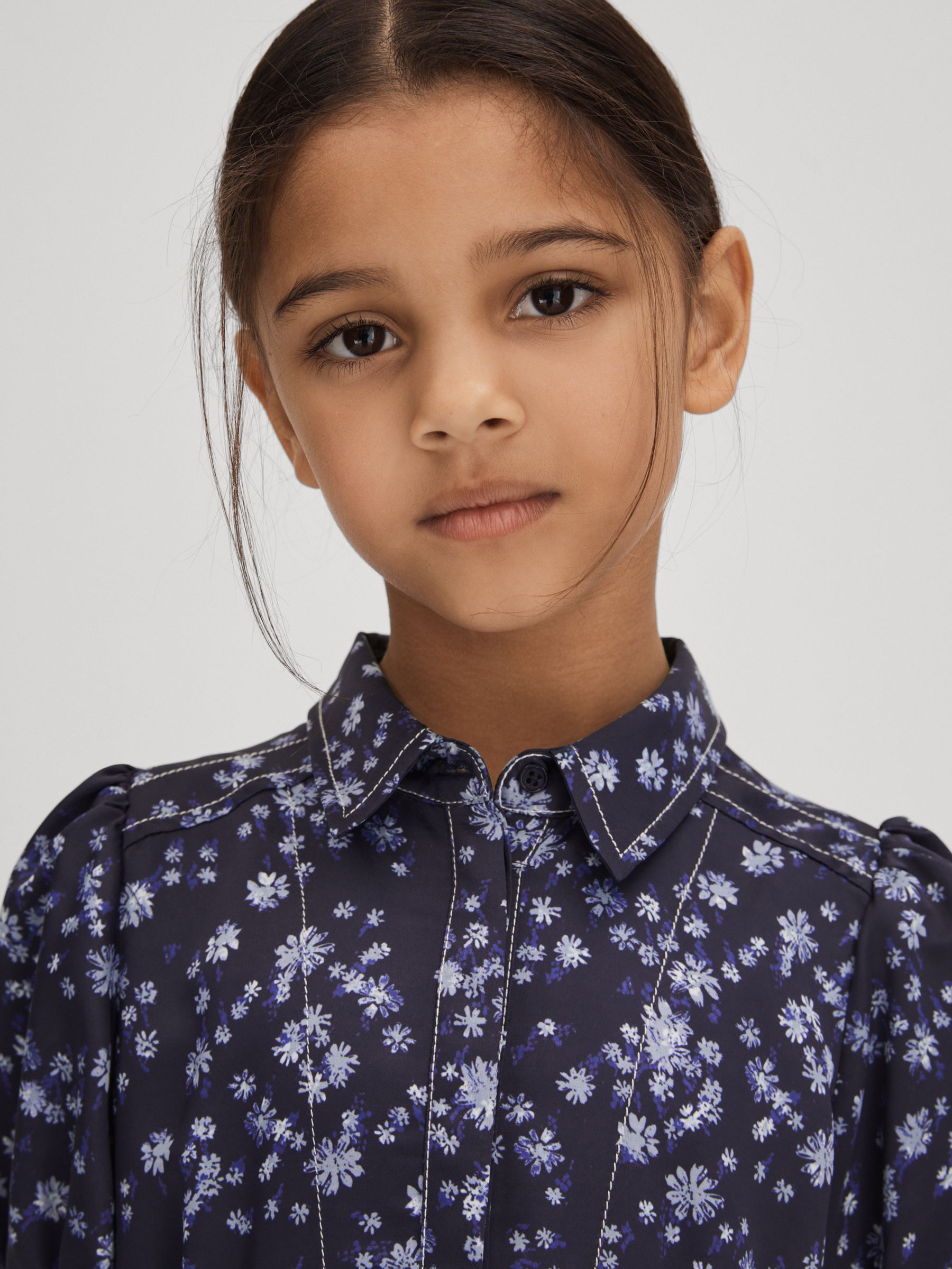 9-13 yrs Printed Puff Sleeve Dress in Navy Print - Image 4 of 6