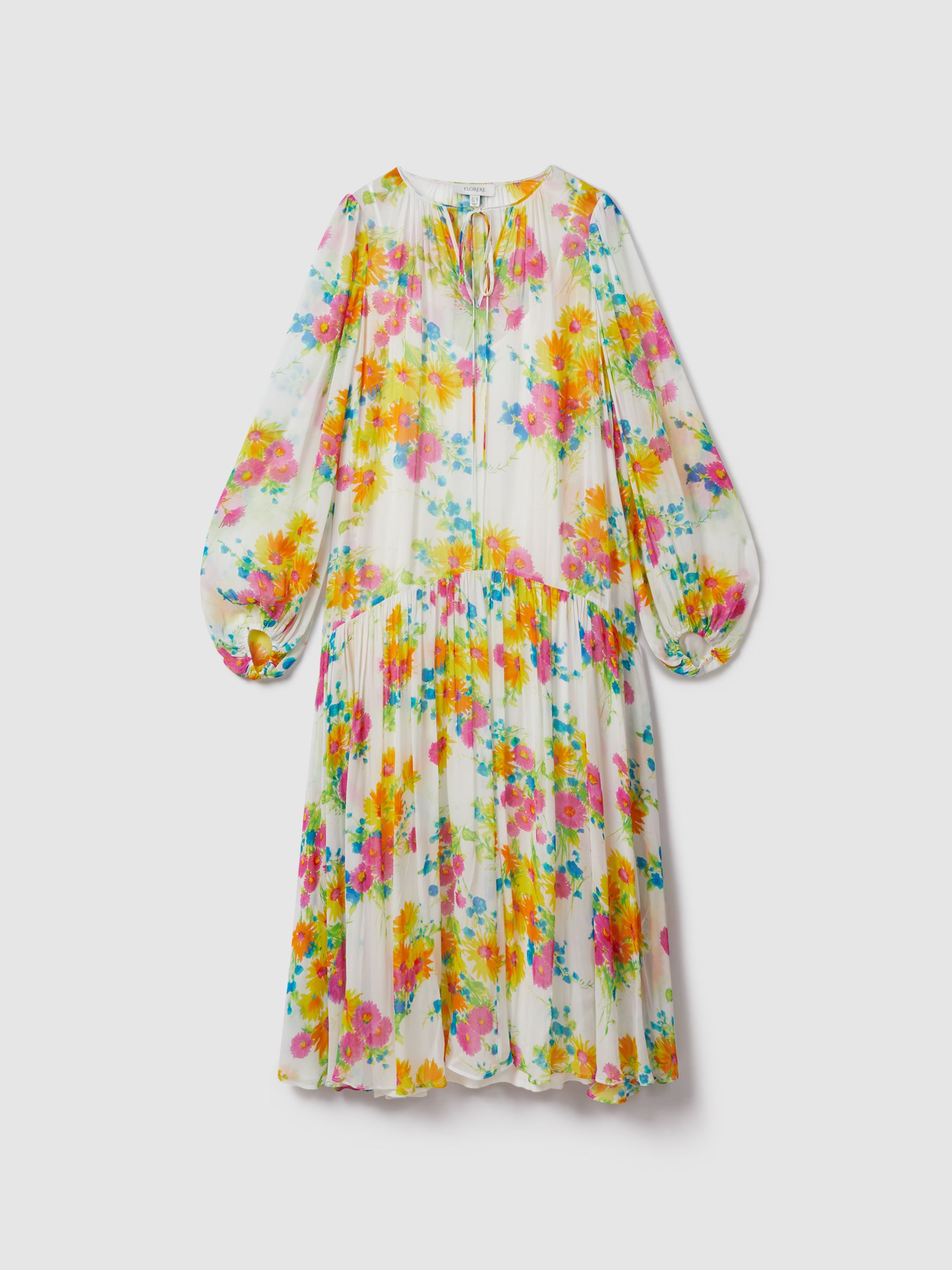 Florere Printed Tie Neck Midi Dress in Ivory/Multi - Image 2 of 6