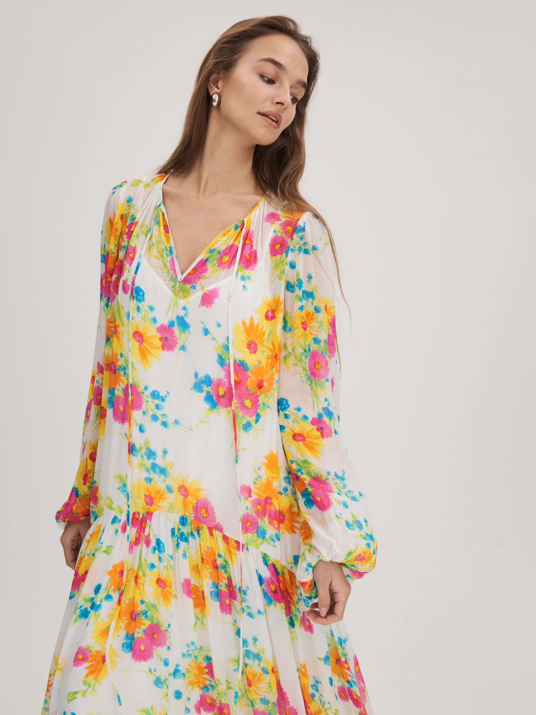 Florere Printed Tie Neck Midi Dress in Ivory/Multi - Image 3 of 6