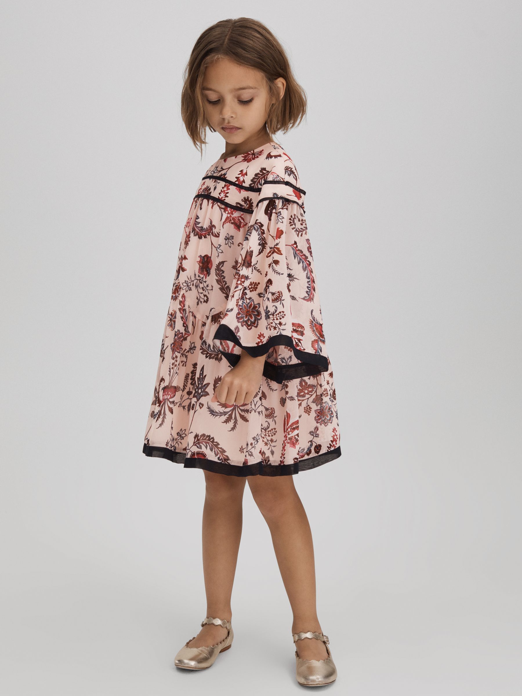 9-13 yrs Printed Bell Sleeve Tiered Dress in Pink - Image 1 of 6