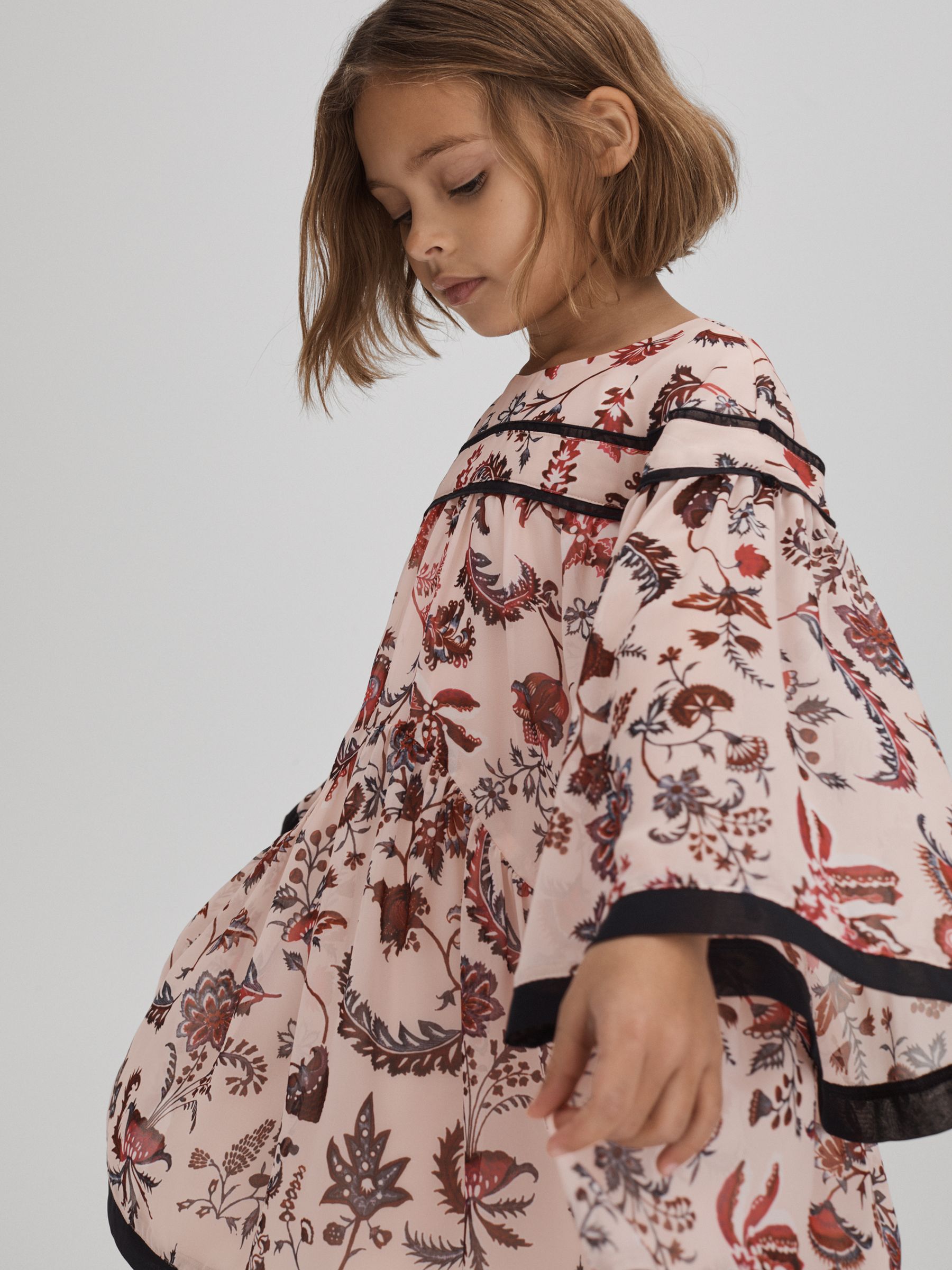 9-13 yrs Printed Bell Sleeve Tiered Dress in Pink - Image 3 of 6