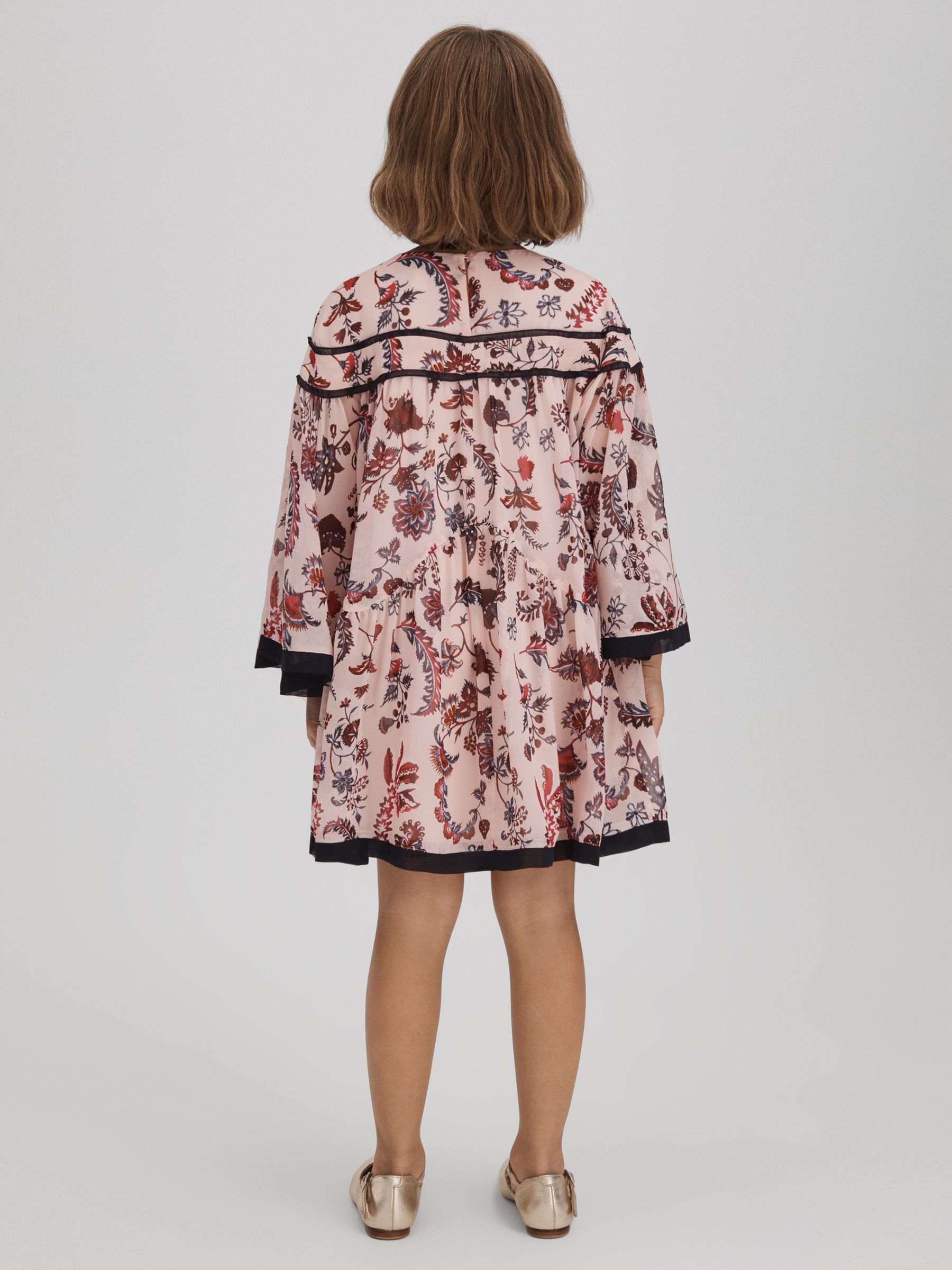 9-13 yrs Printed Bell Sleeve Tiered Dress in Pink - Image 5 of 6