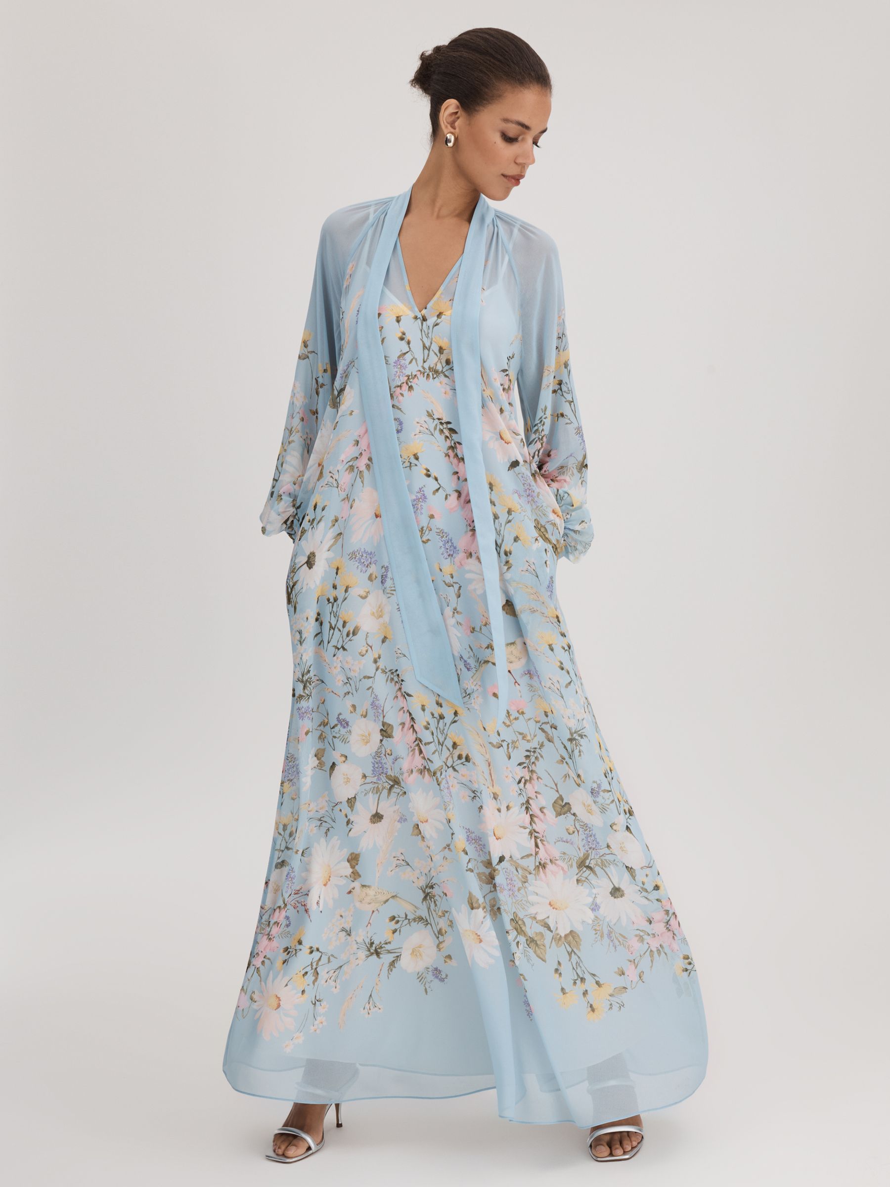 Florere Printed Tie Neck Maxi Dress in Pale Blue - Image 1 of 9