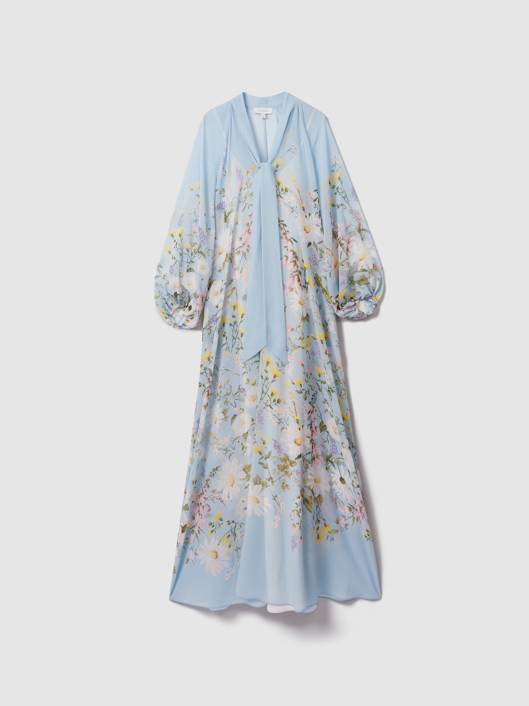 Florere Printed Tie Neck Maxi Dress in Pale Blue - Image 2 of 9