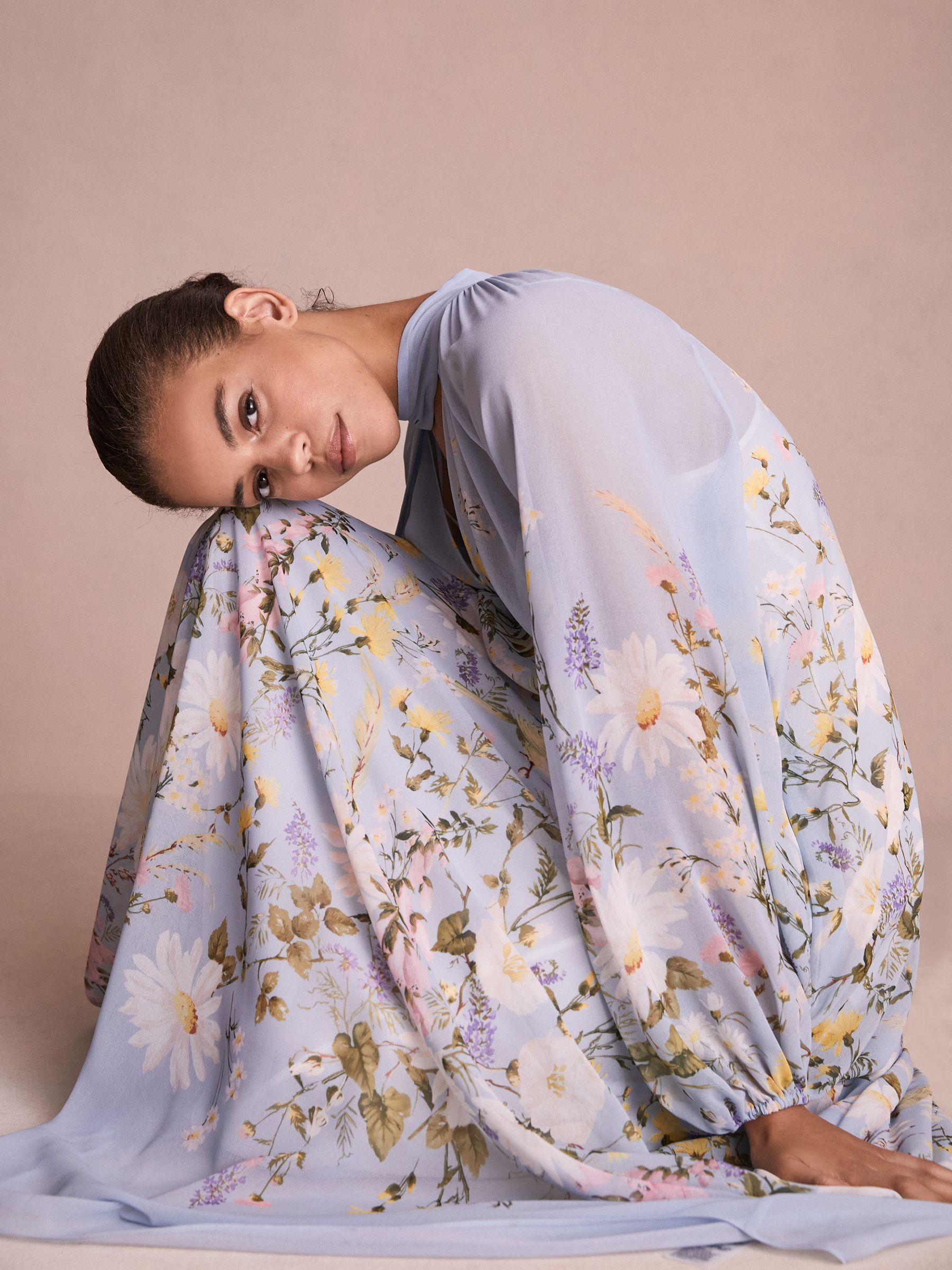 Florere Printed Tie Neck Maxi Dress in Pale Blue - Image 3 of 9