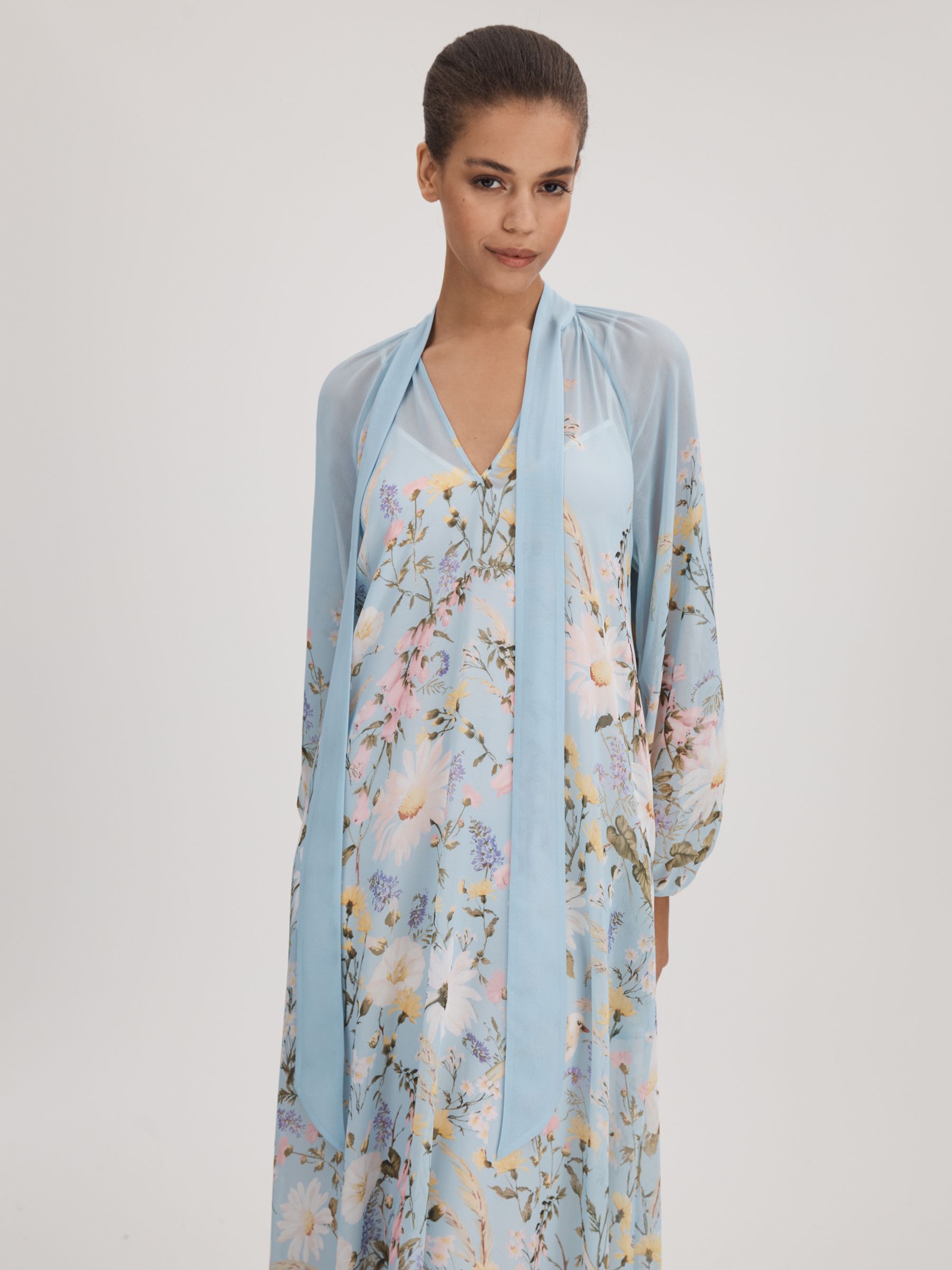 Florere Printed Tie Neck Maxi Dress in Pale Blue - Image 5 of 9