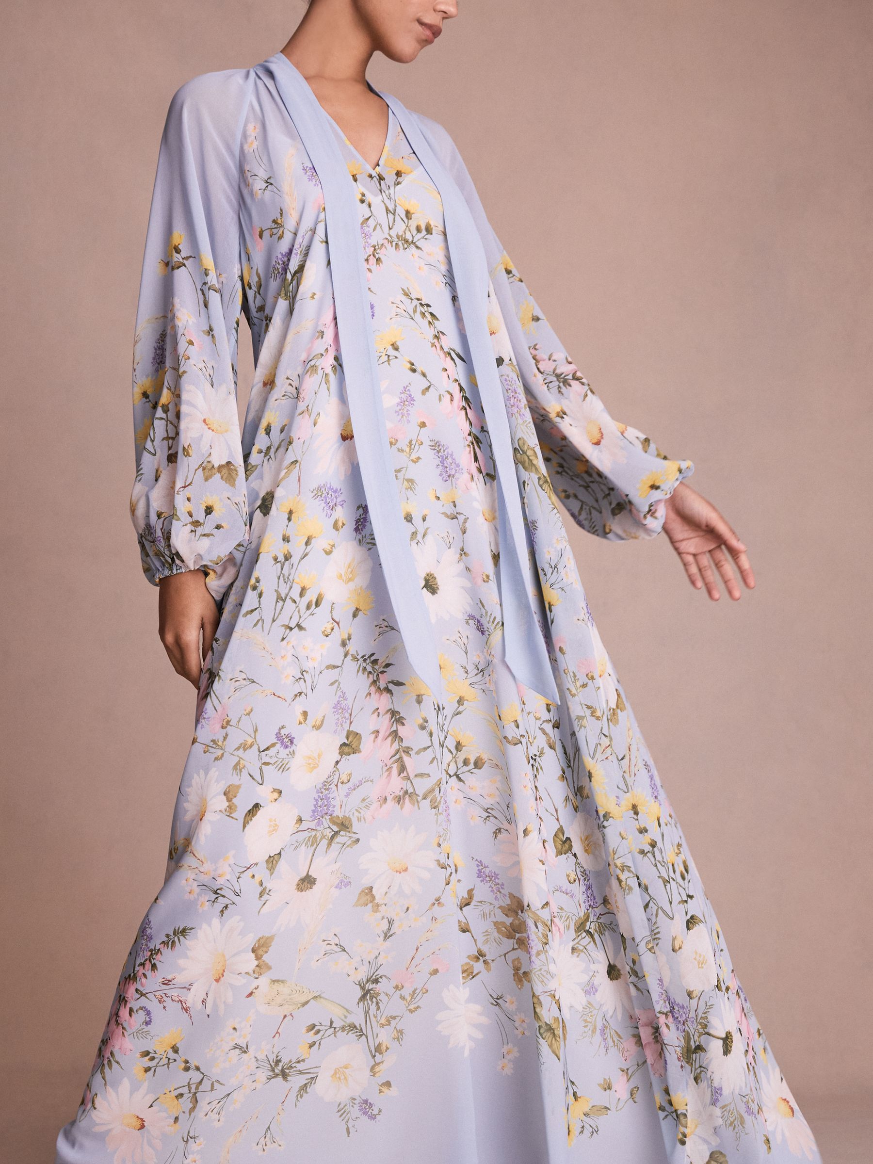 Florere Printed Tie Neck Maxi Dress in Pale Blue - Image 6 of 9