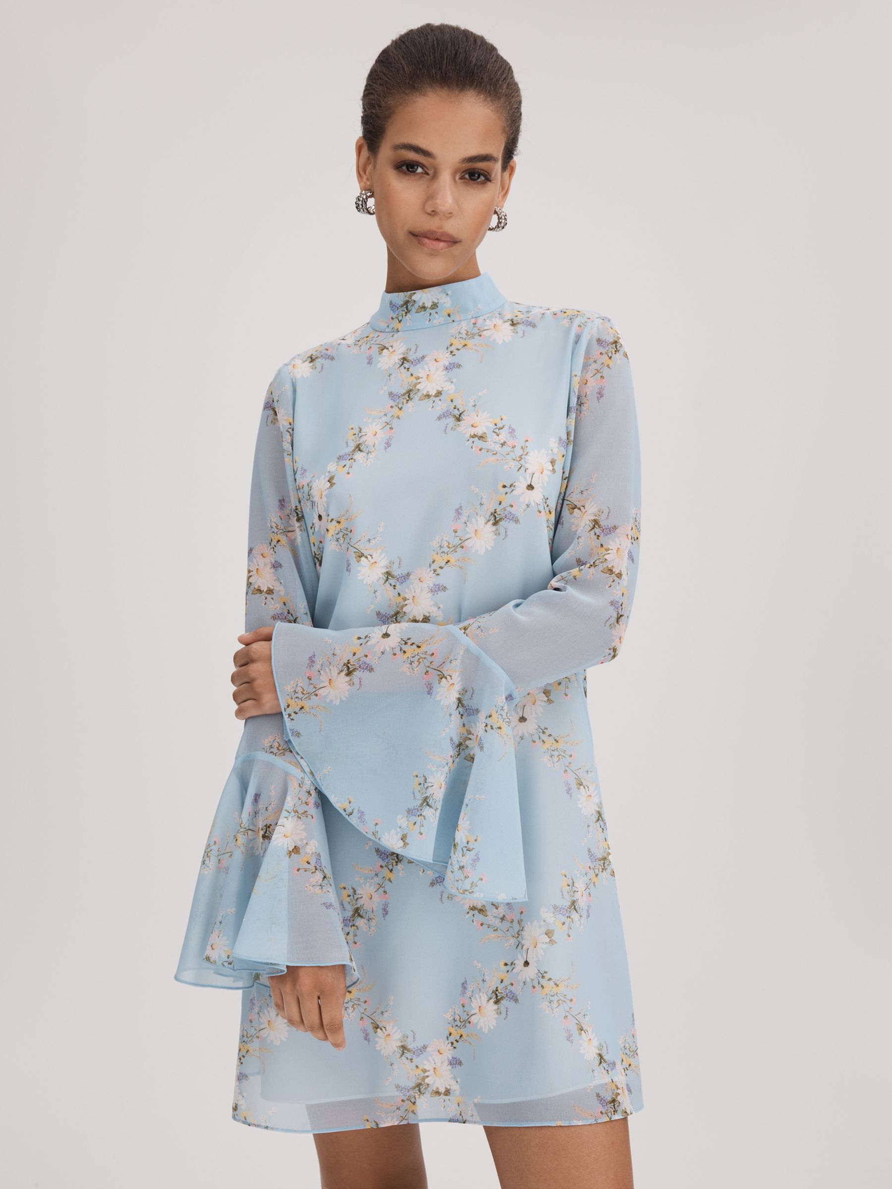 Florere Printed Fluted Sleeve Mini Dress in Pale Blue - Image 1 of 6