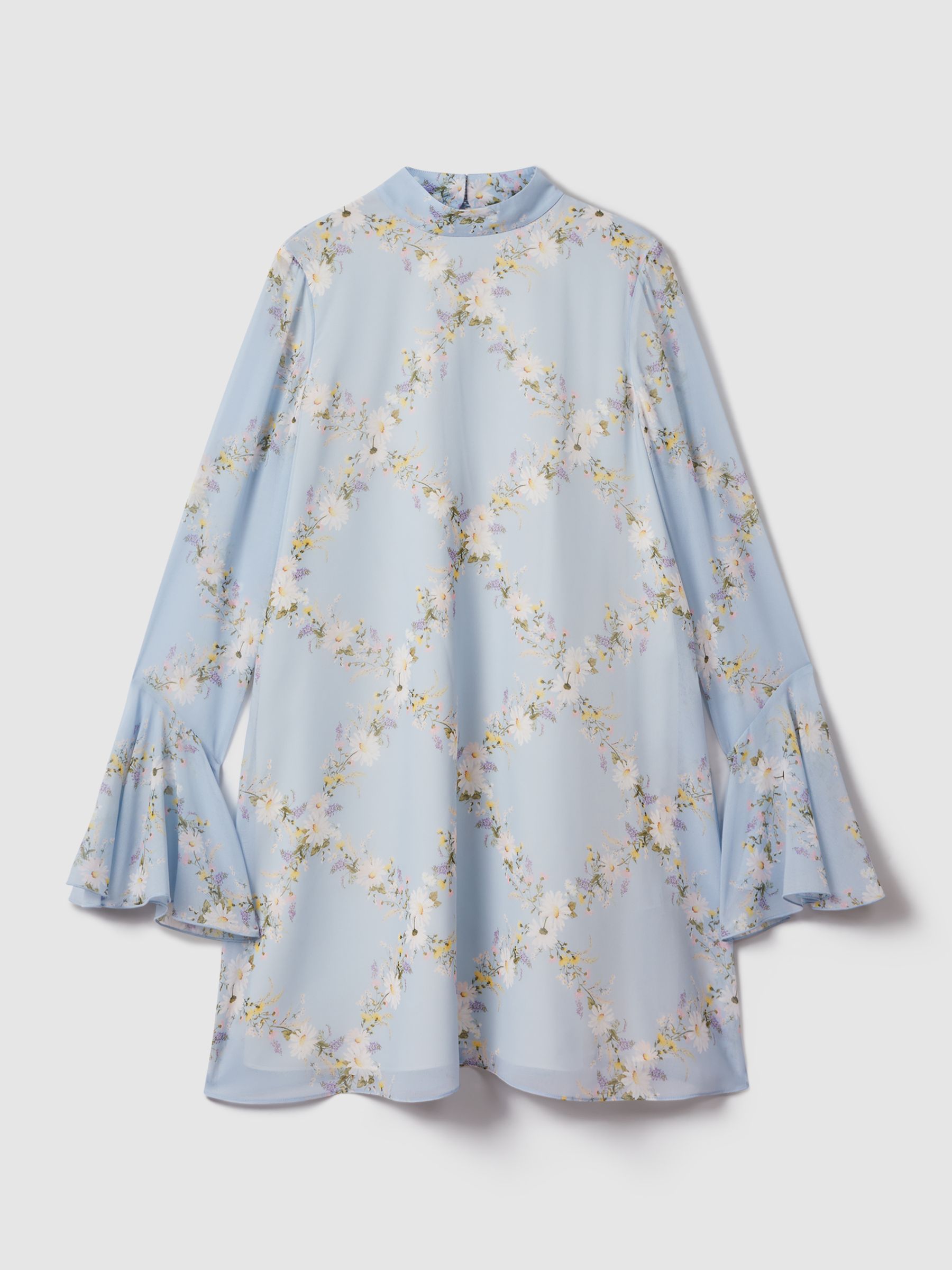 Florere Printed Fluted Sleeve Mini Dress in Pale Blue - Image 2 of 6
