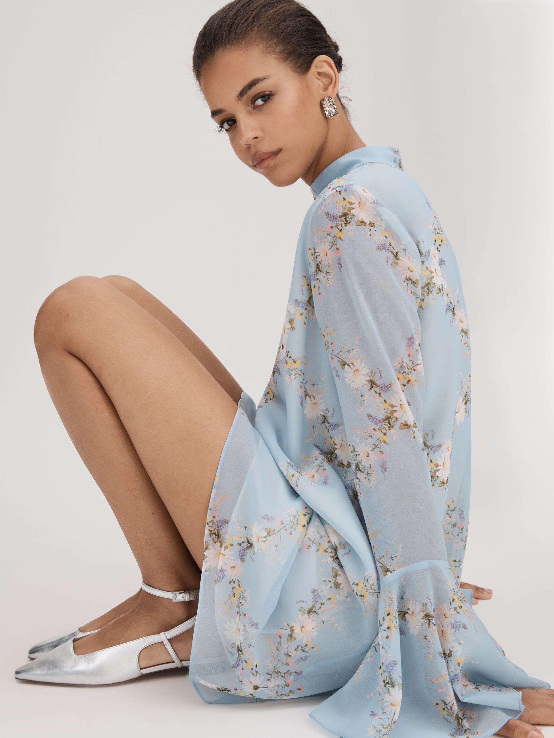 Florere Printed Fluted Sleeve Mini Dress in Pale Blue - Image 3 of 6