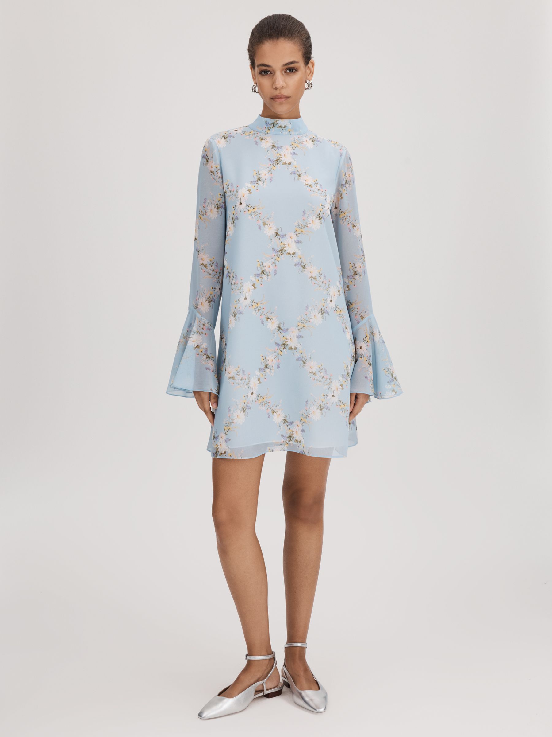 Florere Printed Fluted Sleeve Mini Dress in Pale Blue - Image 4 of 6