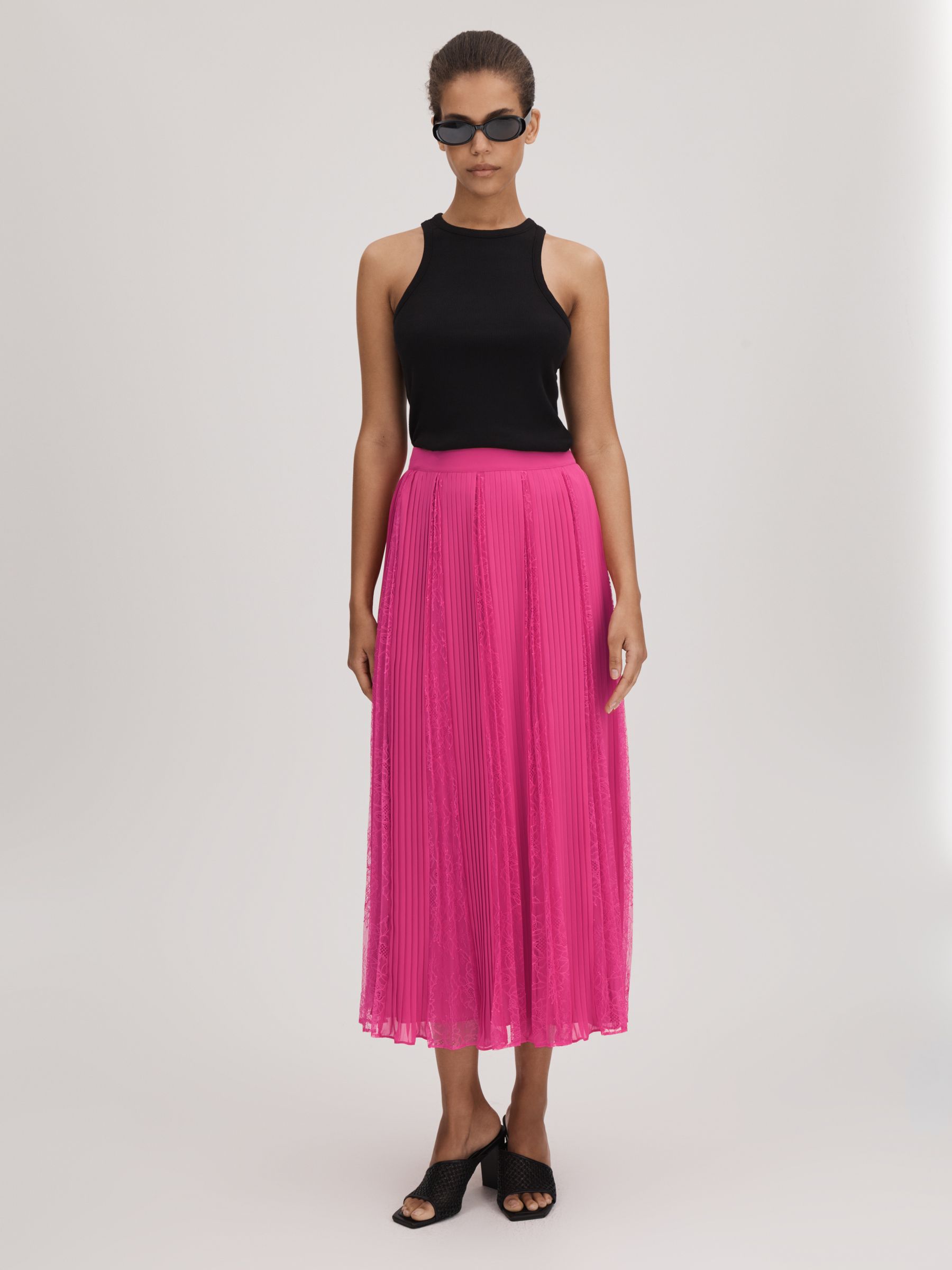 Florere Lace Pleated Midi Skirt in Bright Pink - Image 3 of 6