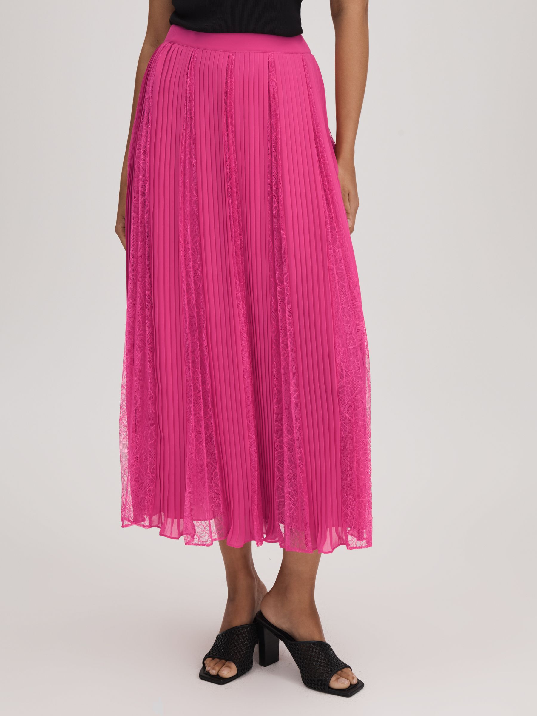 Florere Lace Pleated Midi Skirt in Bright Pink - Image 4 of 6