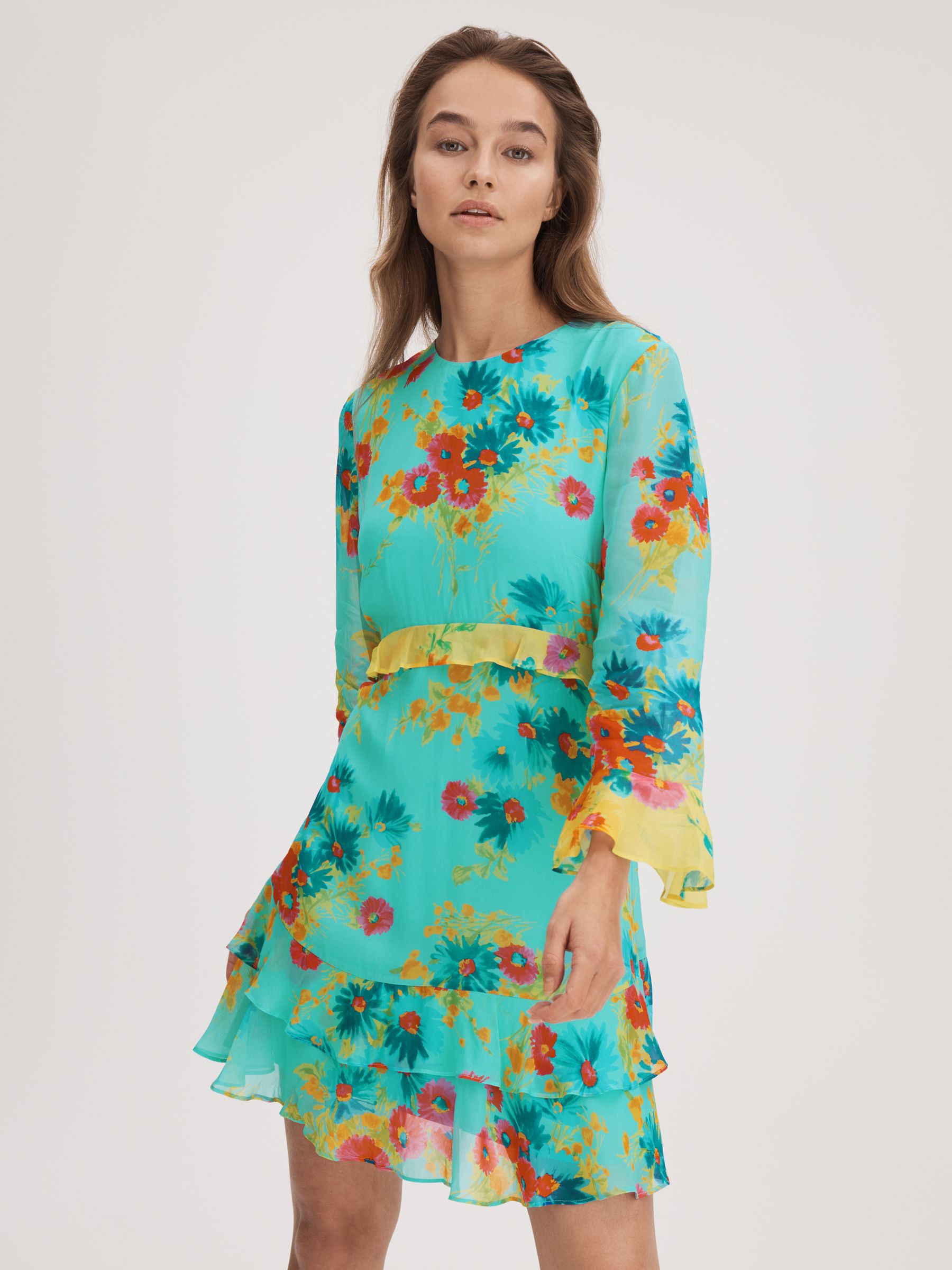Florere Printed Ruffle Mini Dress in Turquoise - Image 1 of 6
