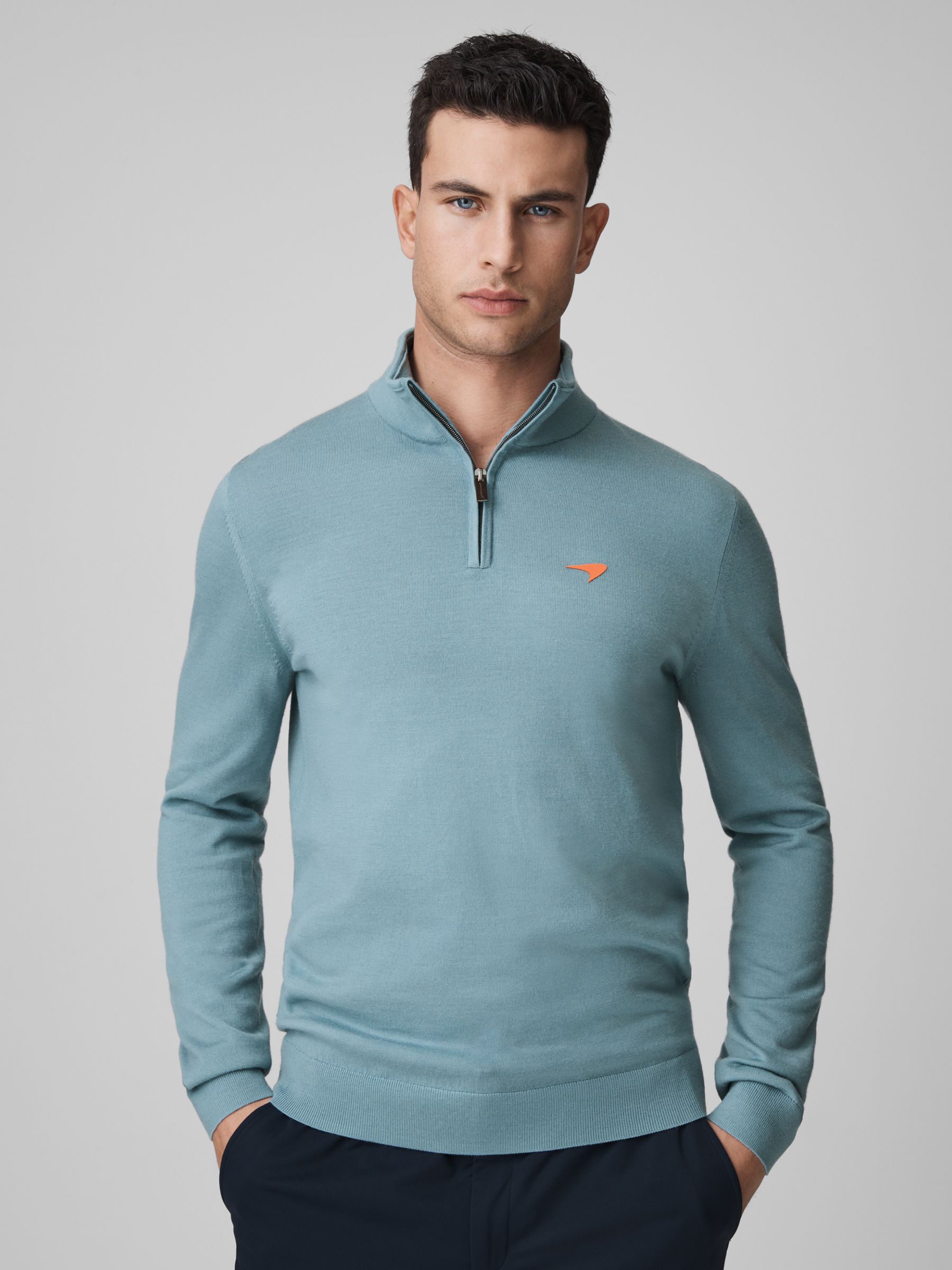McLaren F1 Merino Half-Zip Funnel Neck Jumper in Soft Blue - Image 1 of 7