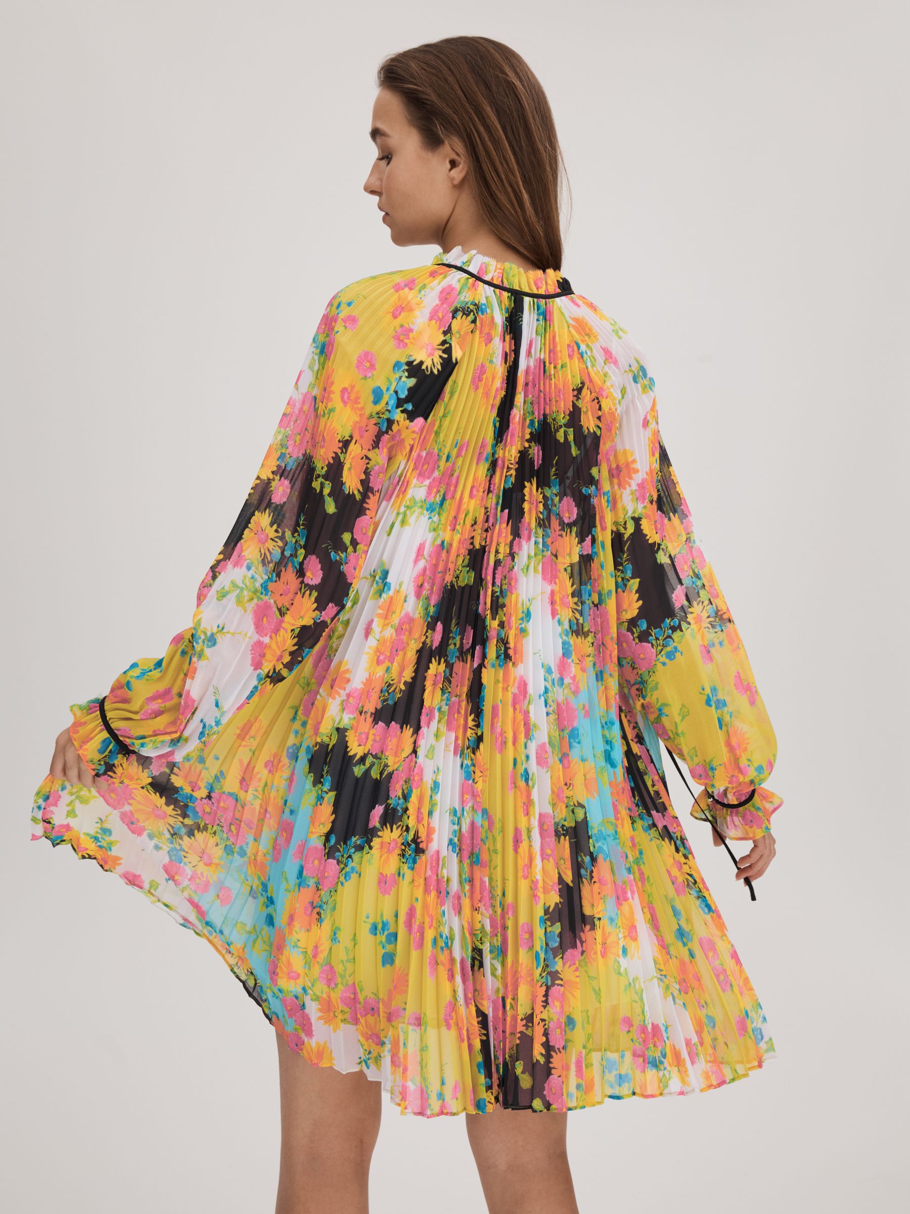 Florere Pleated Tie Neck Mini Dress in Multi - Image 3 of 6