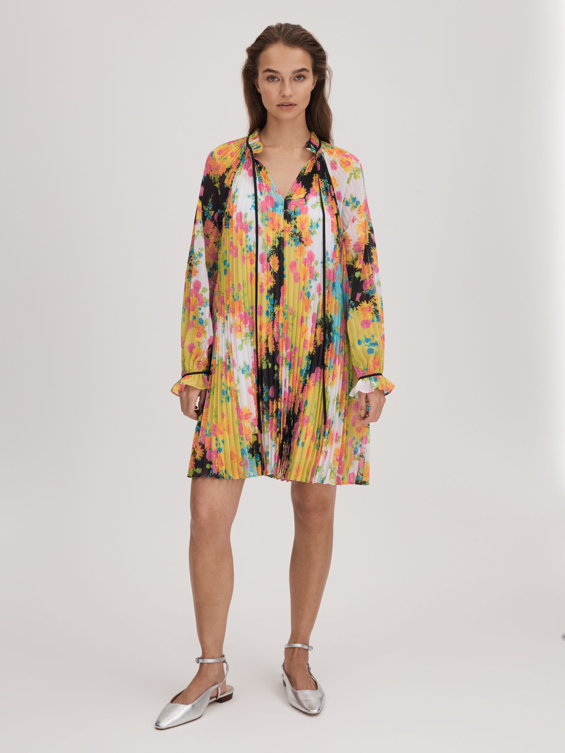 Florere Pleated Tie Neck Mini Dress in Multi - Image 5 of 6