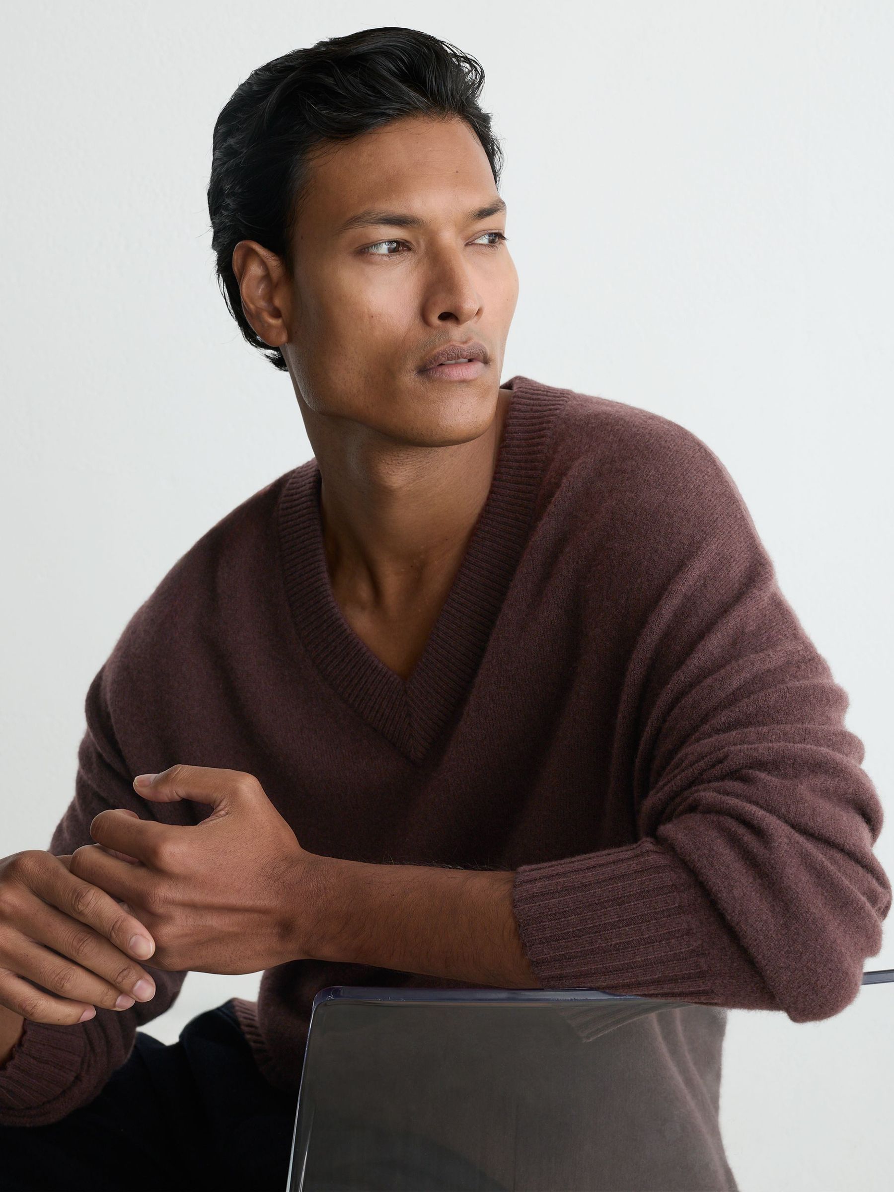 Wool-Cashmere V-Neck Jumper in Chocolate Brown - Image 1 of 7