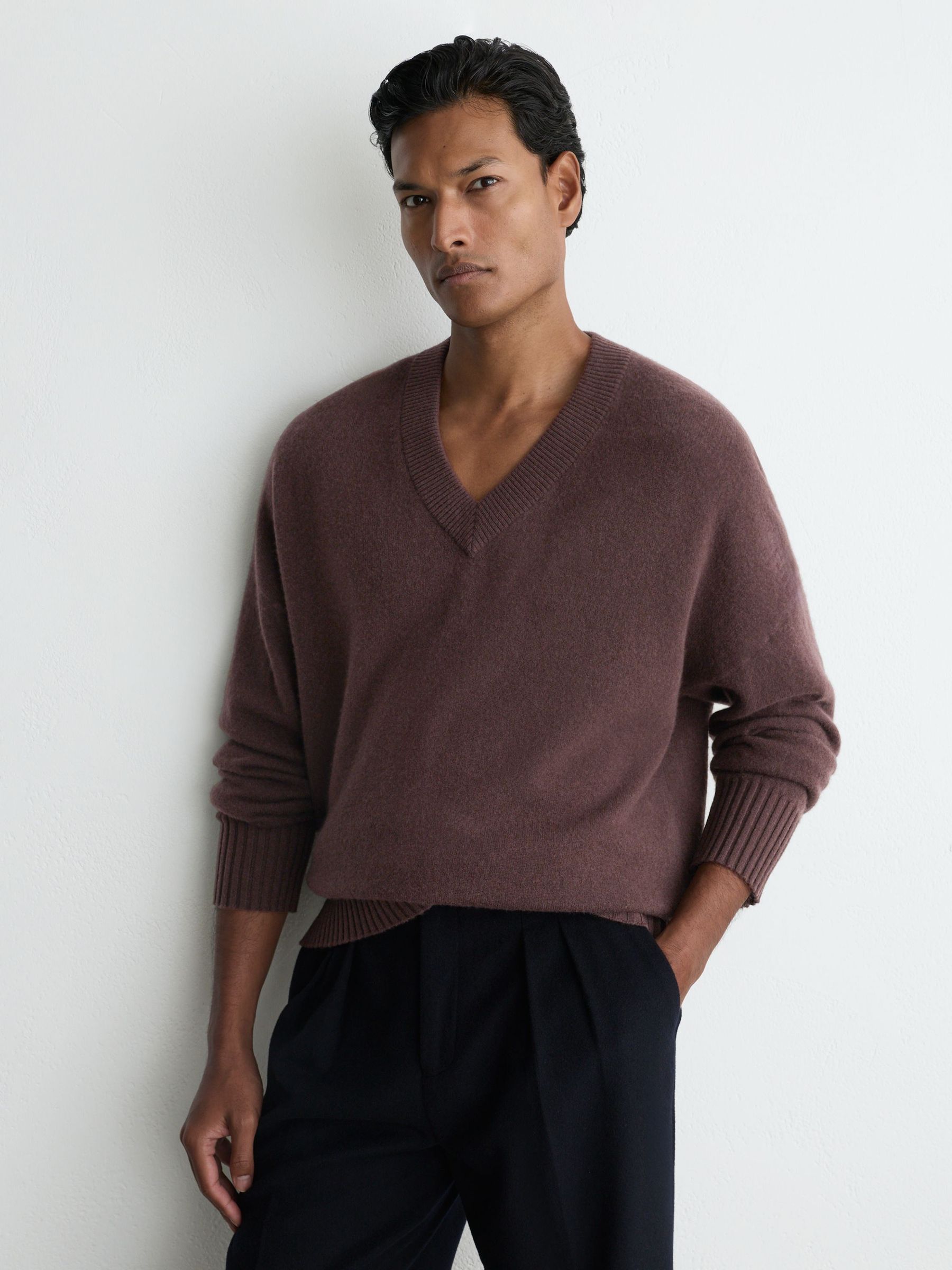Wool-Cashmere V-Neck Jumper in Chocolate Brown - Image 5 of 7