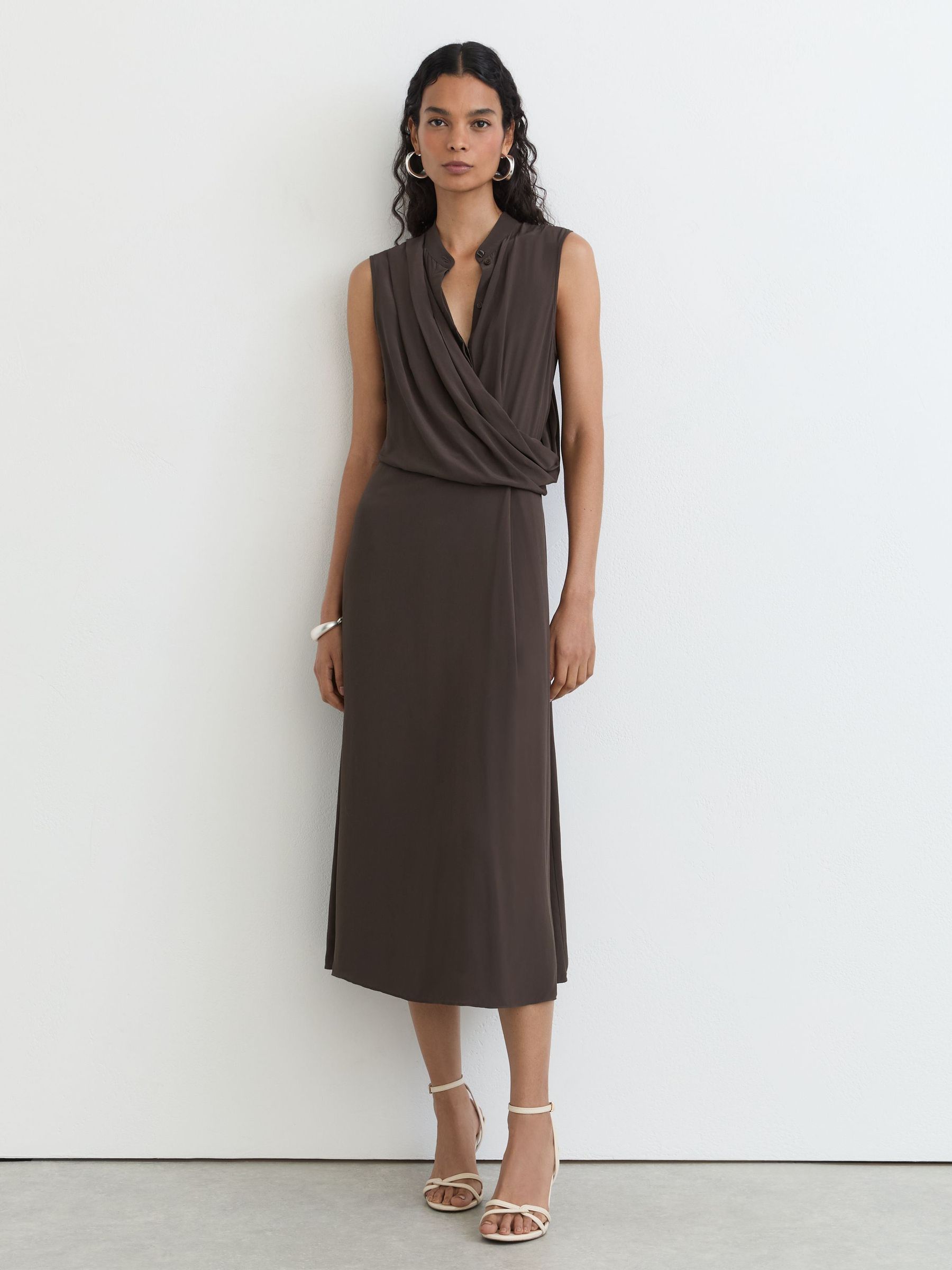 Drape-Detail Band-Collar Midi Dress in Dark Grey - Image 1 of 8