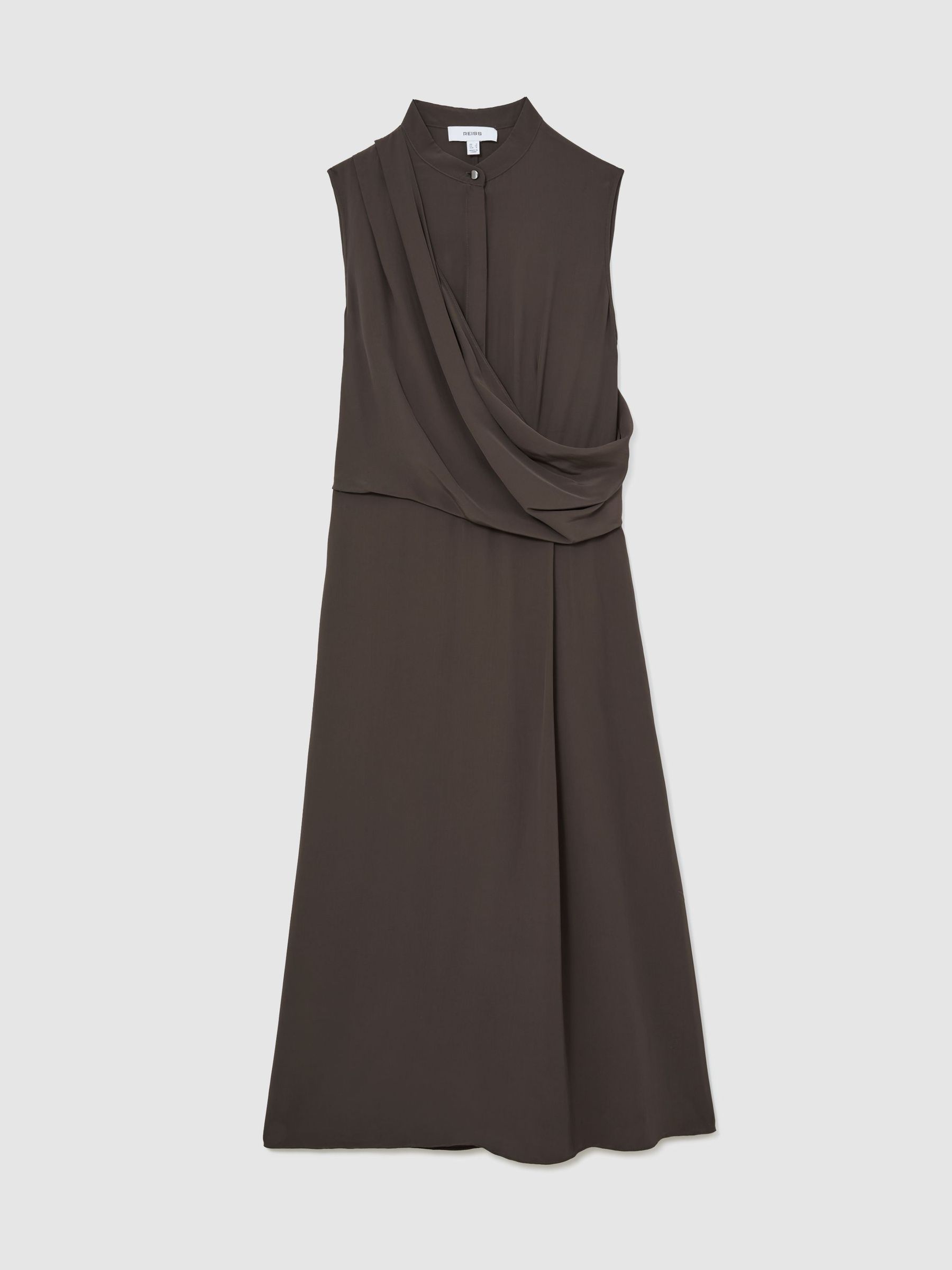 Drape-Detail Band-Collar Midi Dress in Dark Grey - Image 2 of 8