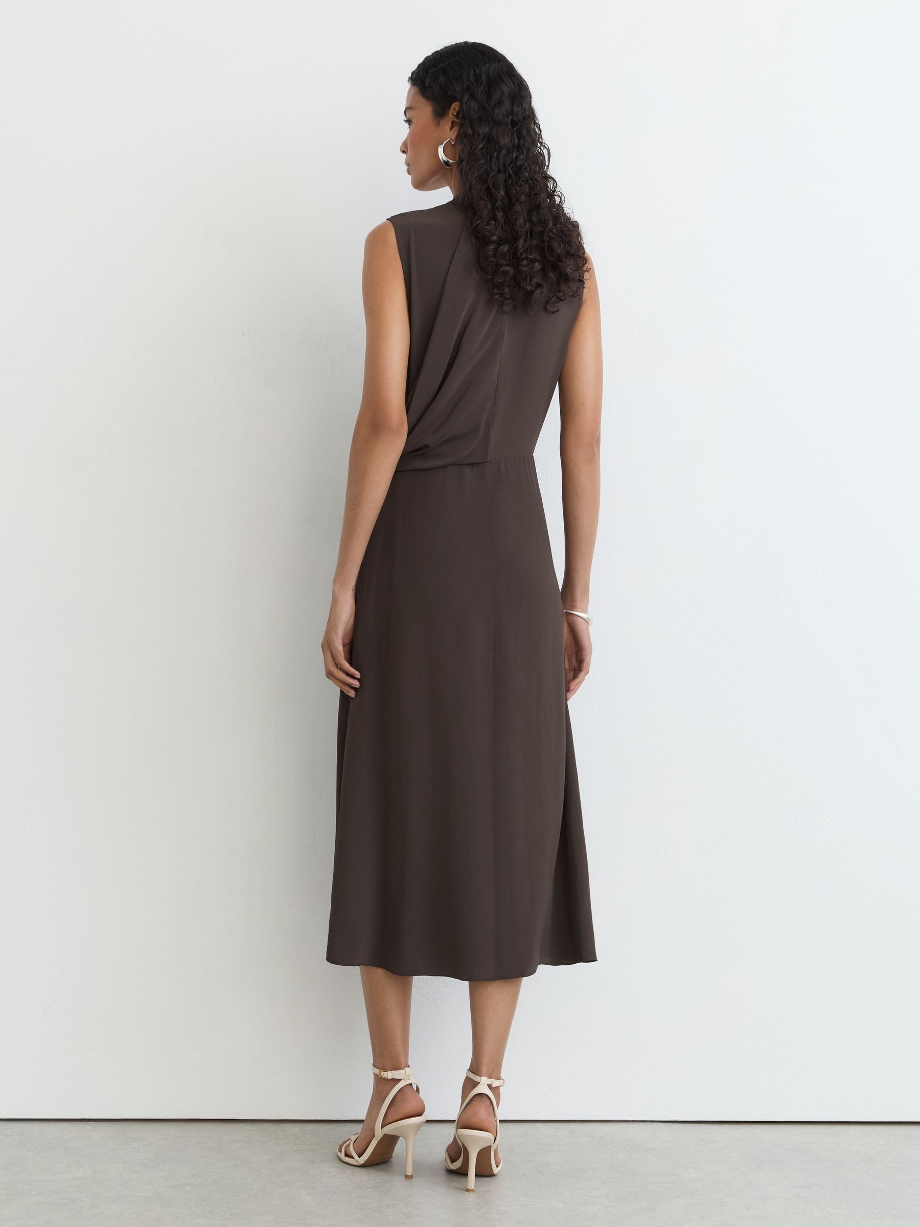 Drape-Detail Band-Collar Midi Dress in Dark Grey - Image 6 of 8