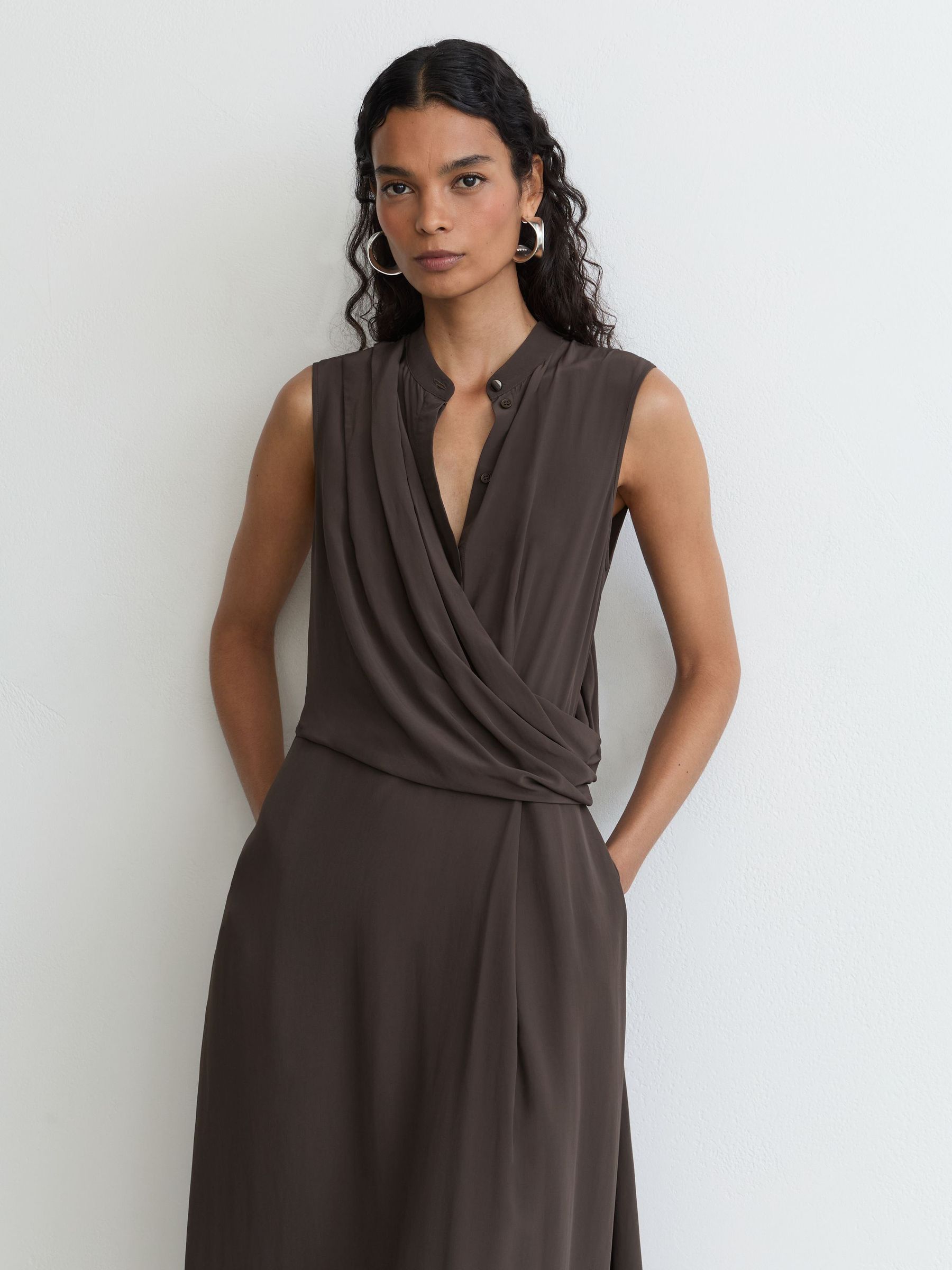 Drape-Detail Band-Collar Midi Dress in Dark Grey - Image 7 of 8
