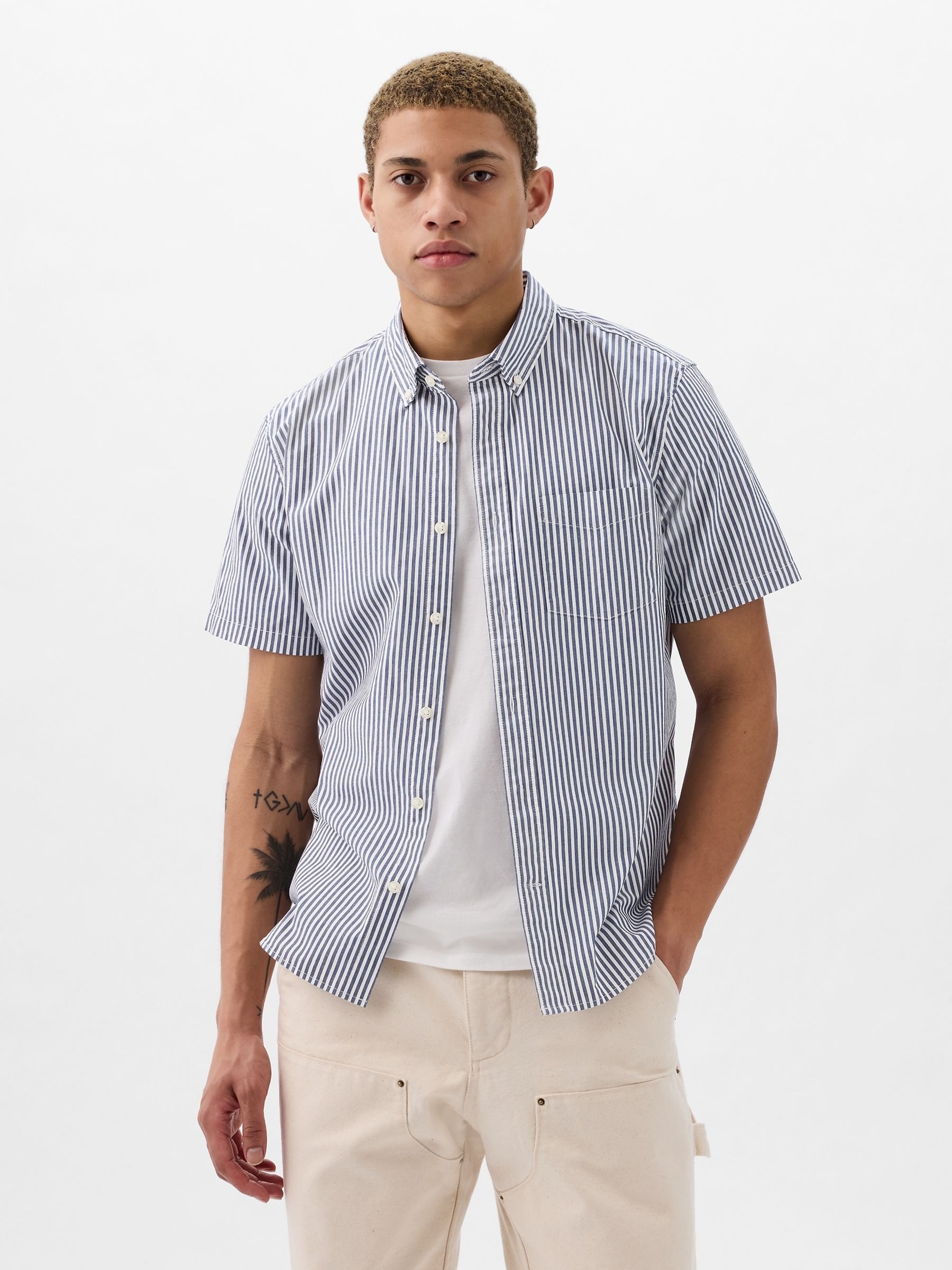 Blue Stripe All Day Poplin Short Sleeve Shirt in Standard Fit - Image 1 of 4