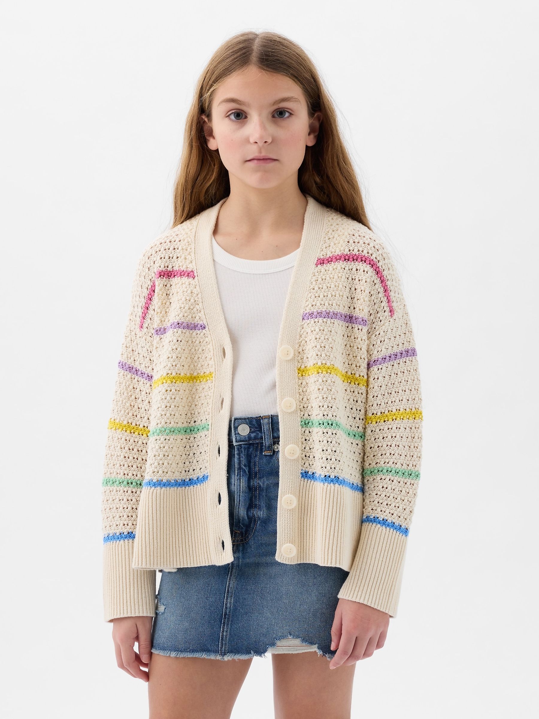 Cream Pointelle V Neck Long Sleeve Cardigan (4-13yrs) - Image 1 of 1