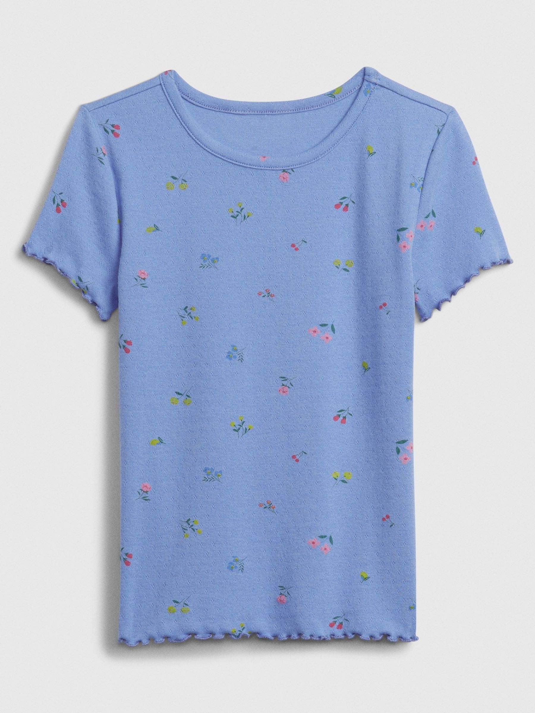Blue Floral Pointelle Lettuce Short Sleeve Crew Neck T-Shirt (4-13yrs) - Image 1 of 1