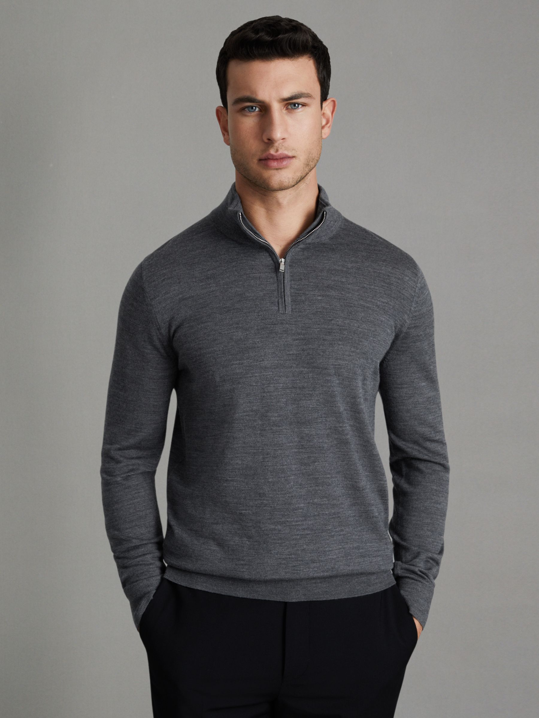 2 Pack Of Merino Wool Zip-Neck Jumpers in Navy/Derby Grey Marl - Image 2 of 7