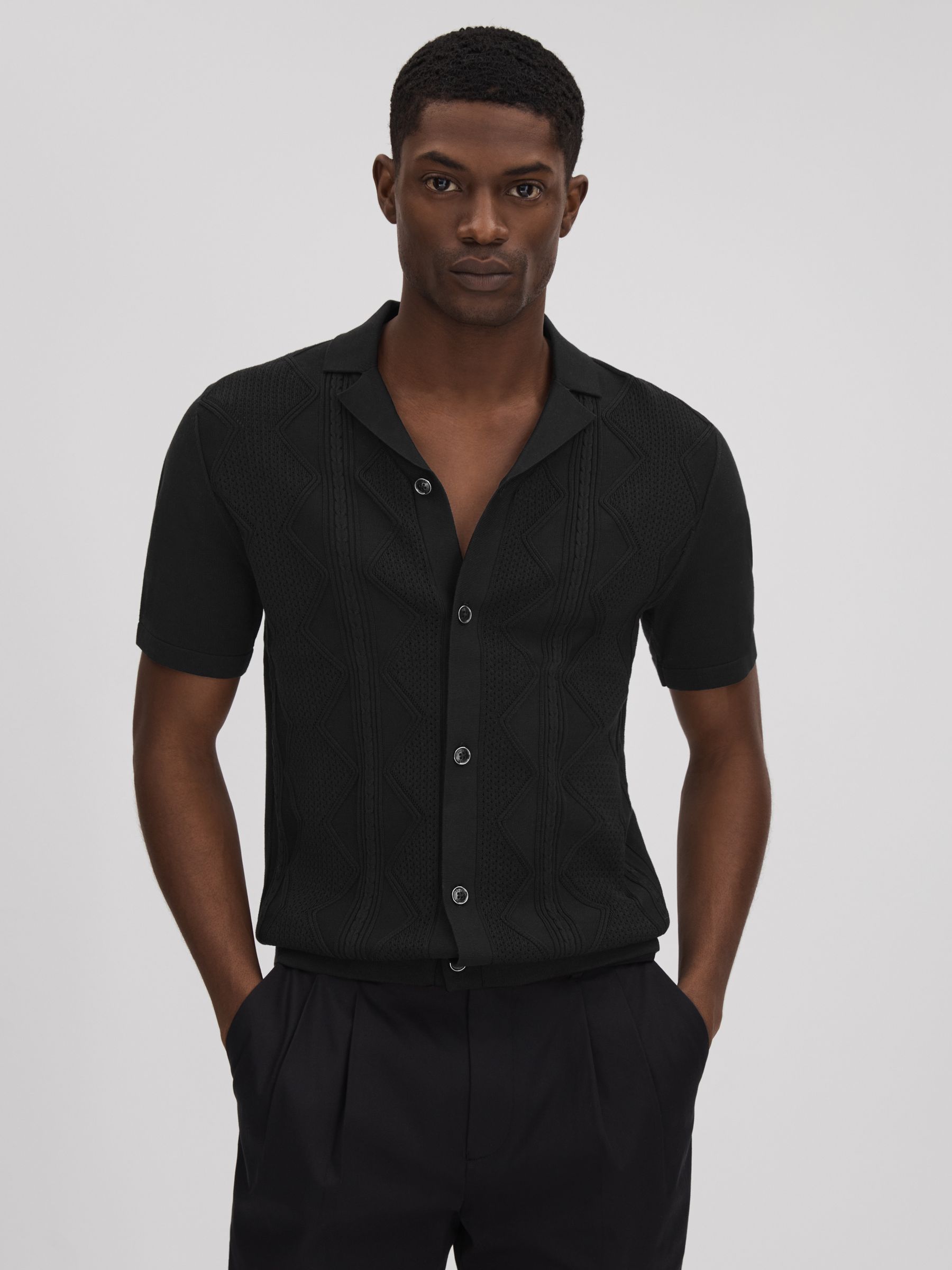 Cable Knit Cuban Collar Shirt in Black - Image 1 of 6
