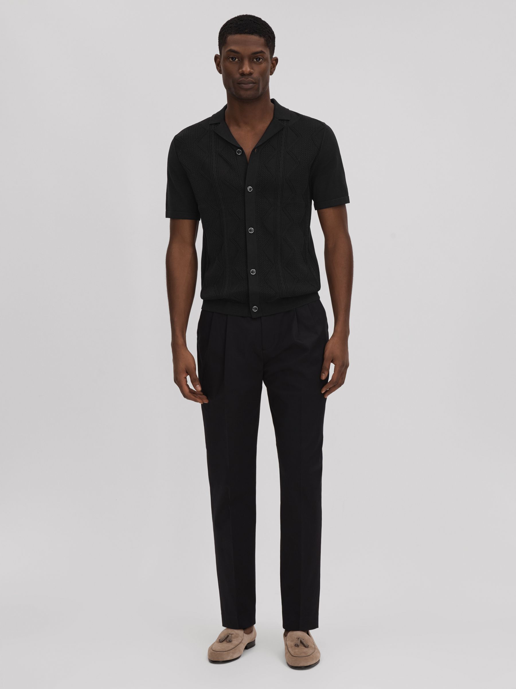 Cable Knit Cuban Collar Shirt in Black - Image 3 of 6