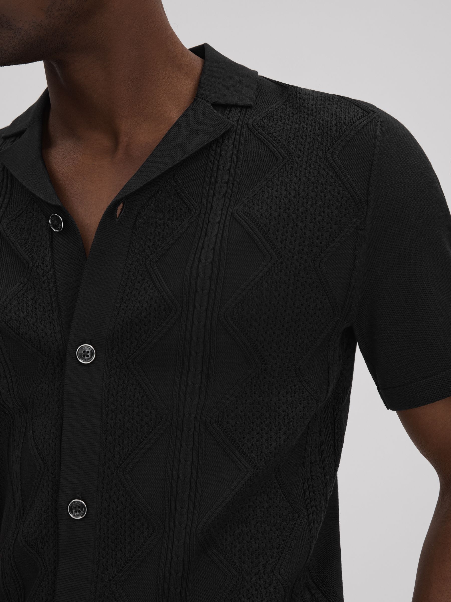 Cable Knit Cuban Collar Shirt in Black - Image 4 of 6