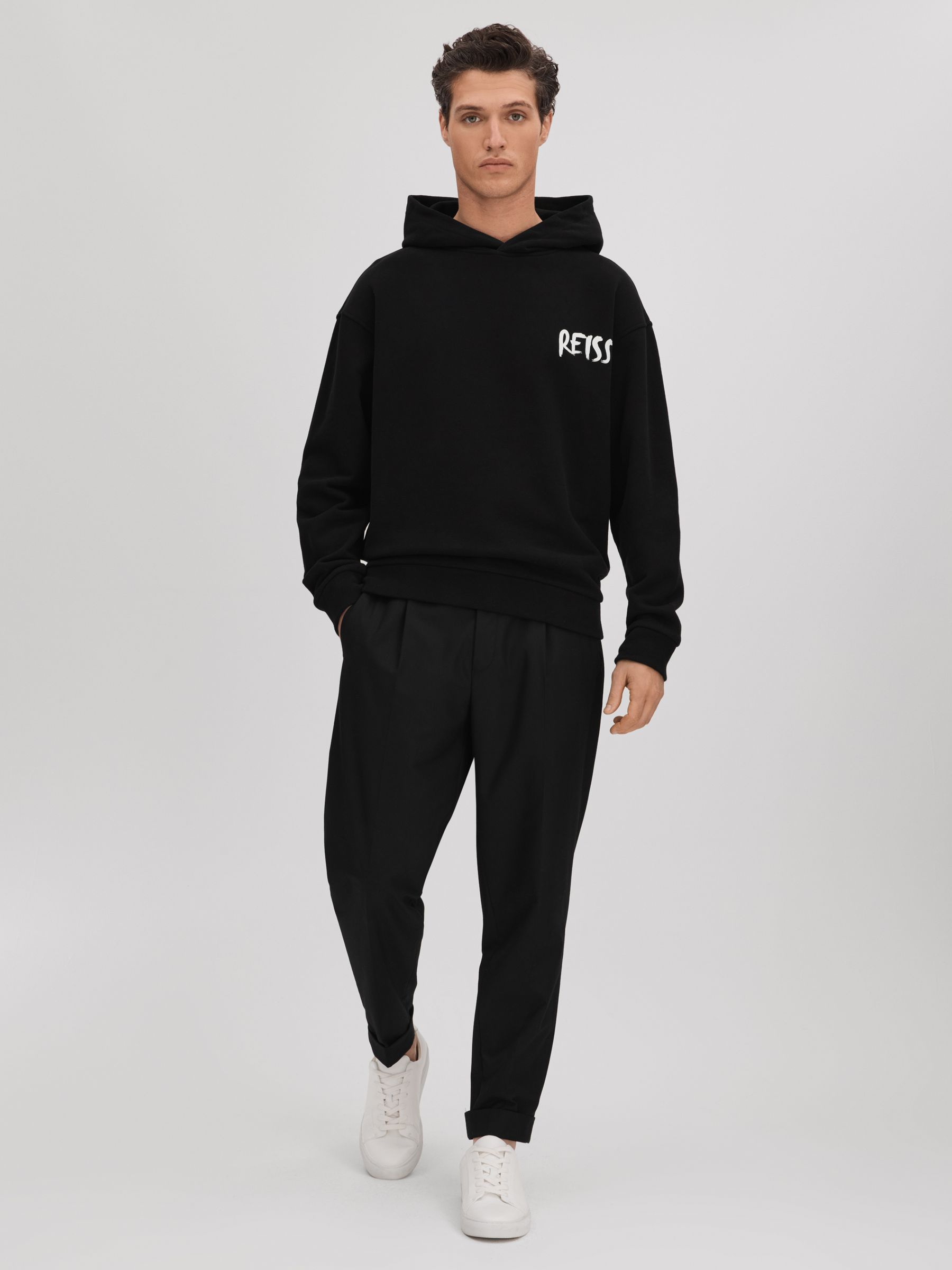 Cotton Relaxed Motif Hoodie in Black/White - Image 3 of 7