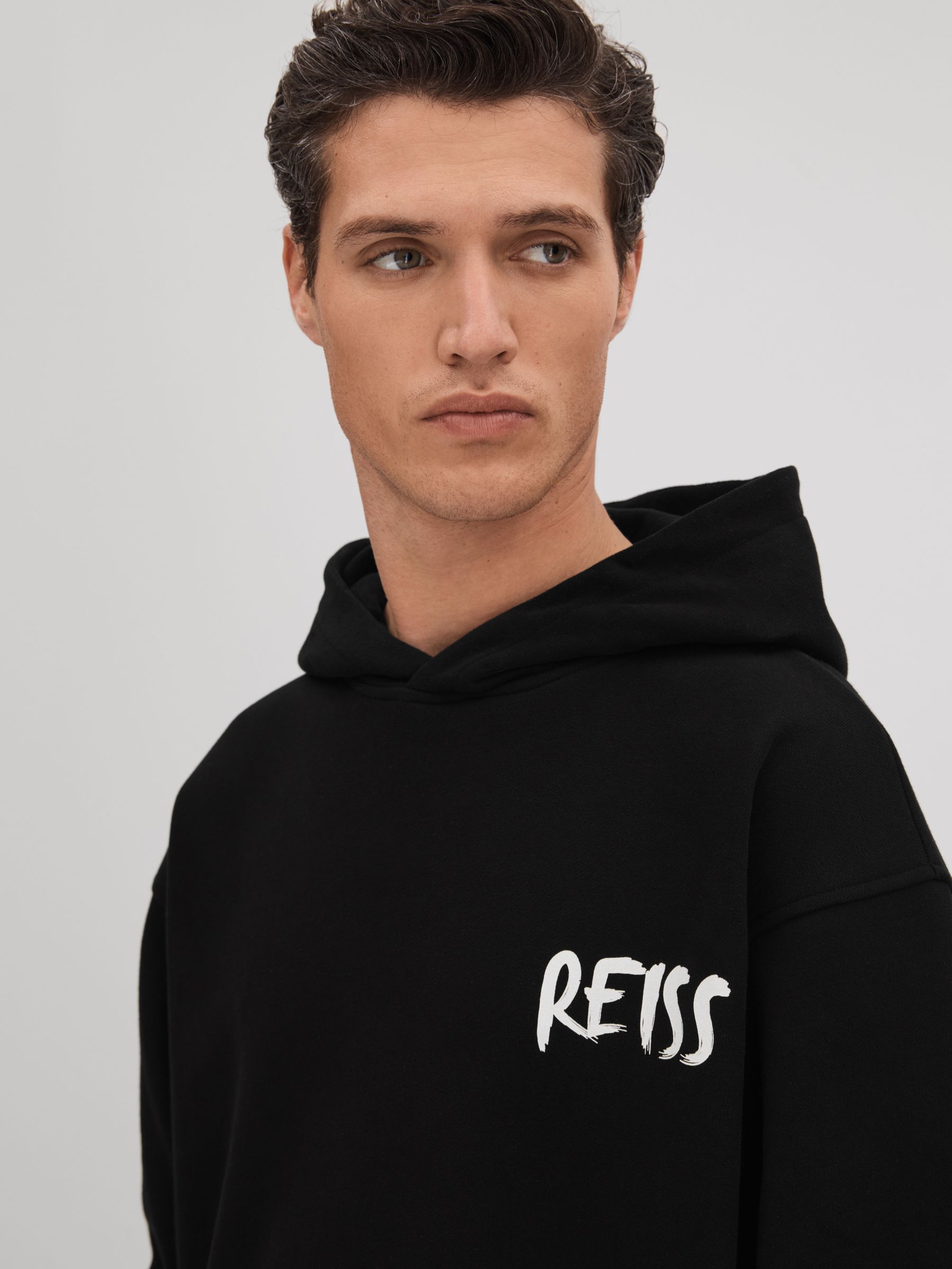 Cotton Relaxed Motif Hoodie in Black/White - Image 4 of 7