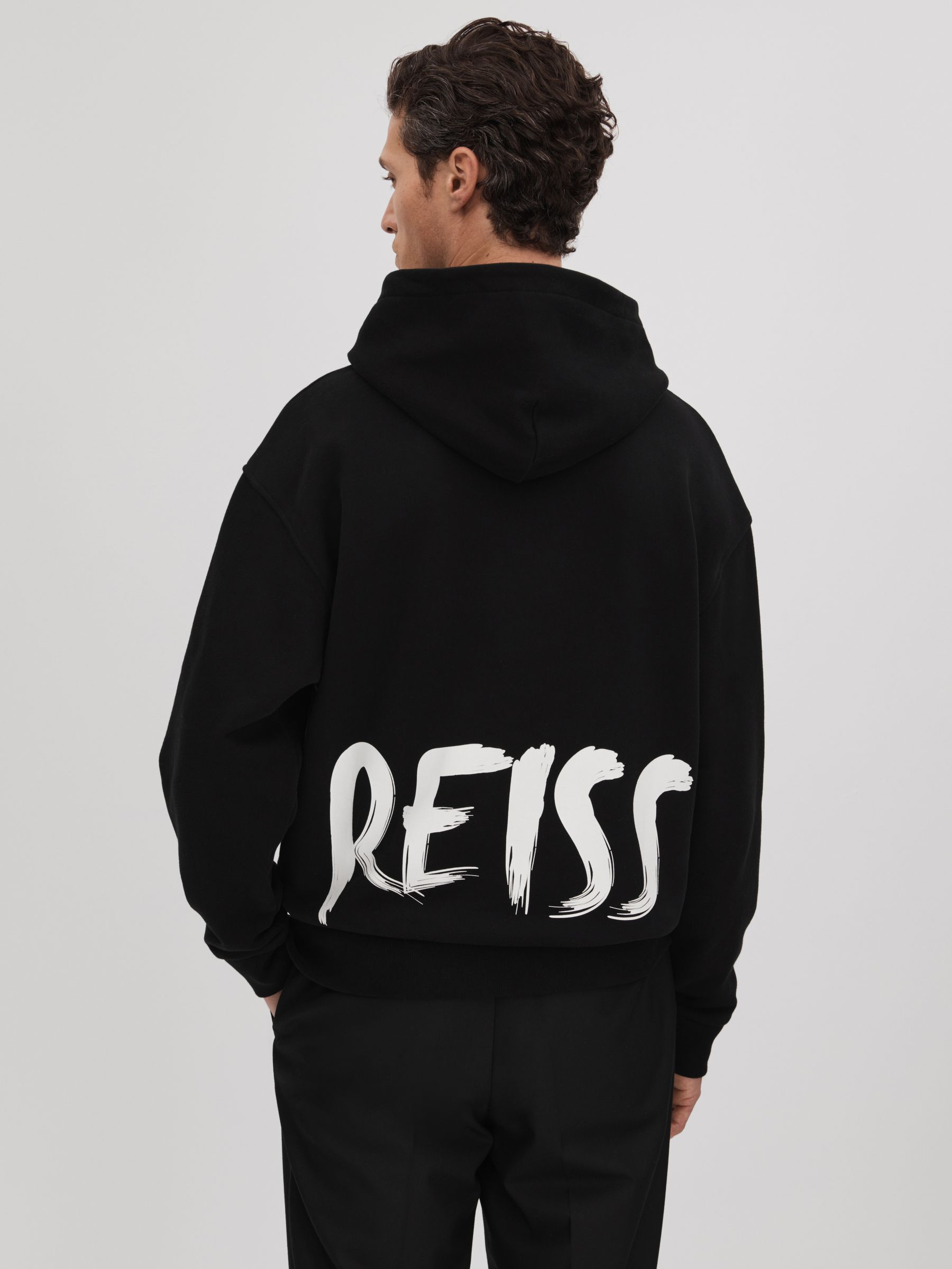 Cotton Relaxed Motif Hoodie in Black/White - Image 5 of 7