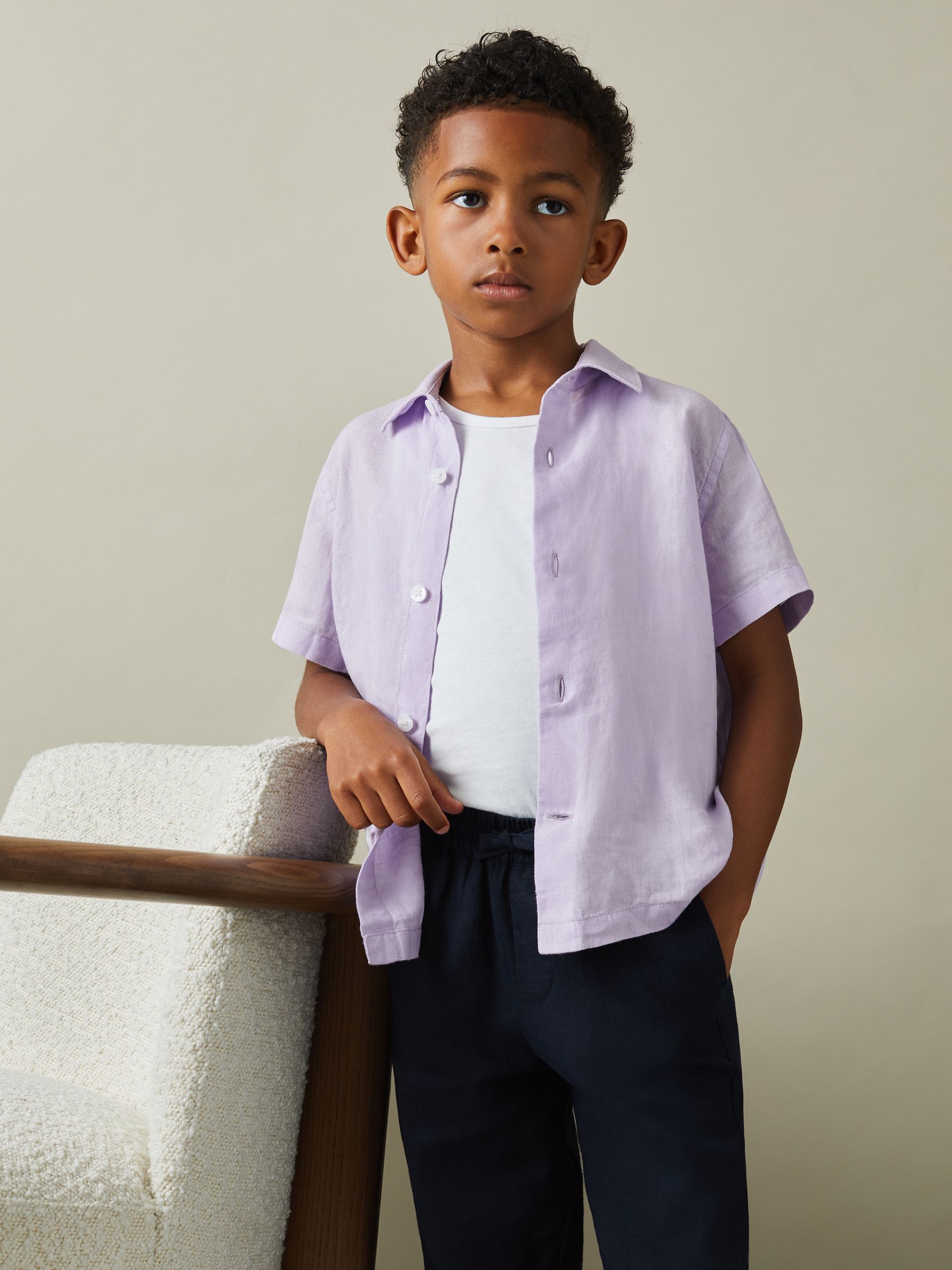 3-9 yrs Short Sleeve Linen Shirt in Orchid - Image 3 of 4