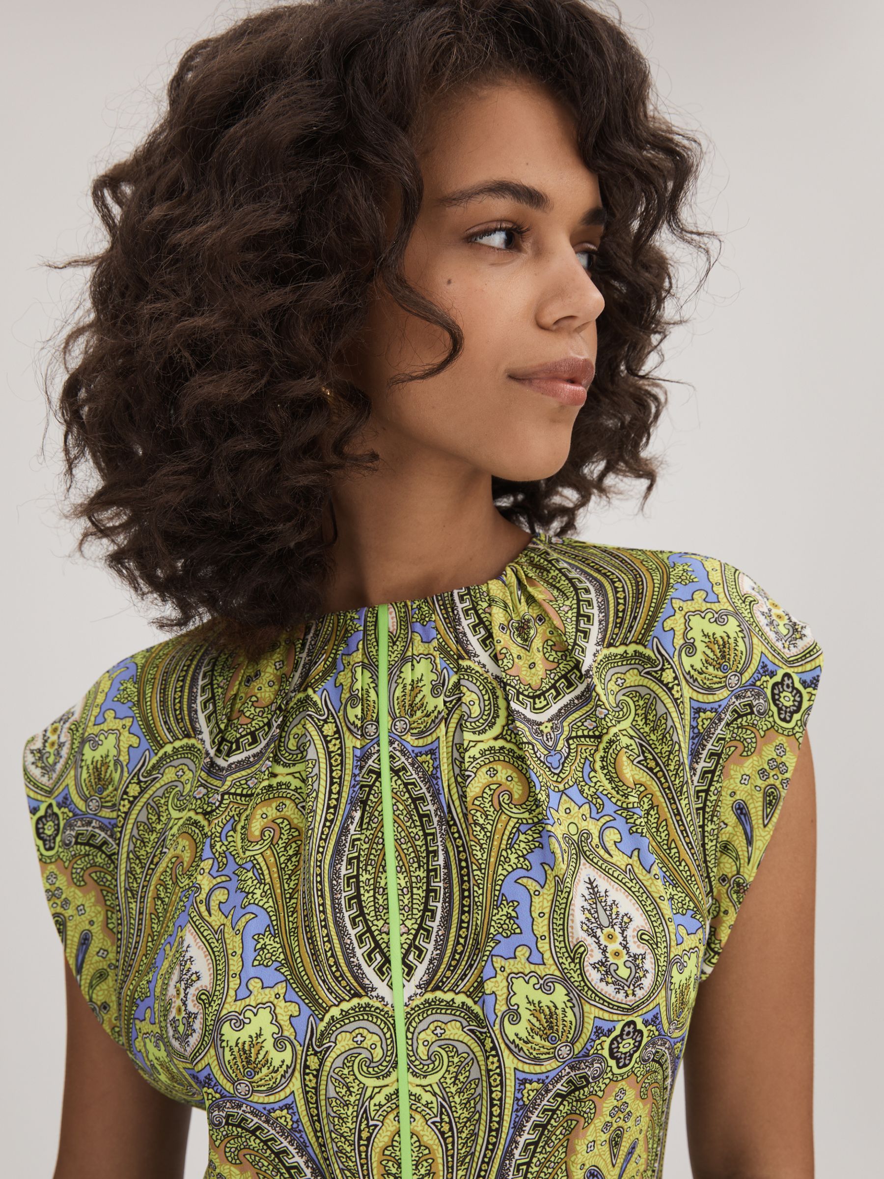 Florere Printed Tie Back Midi Dress in Lime/Green - Image 3 of 6