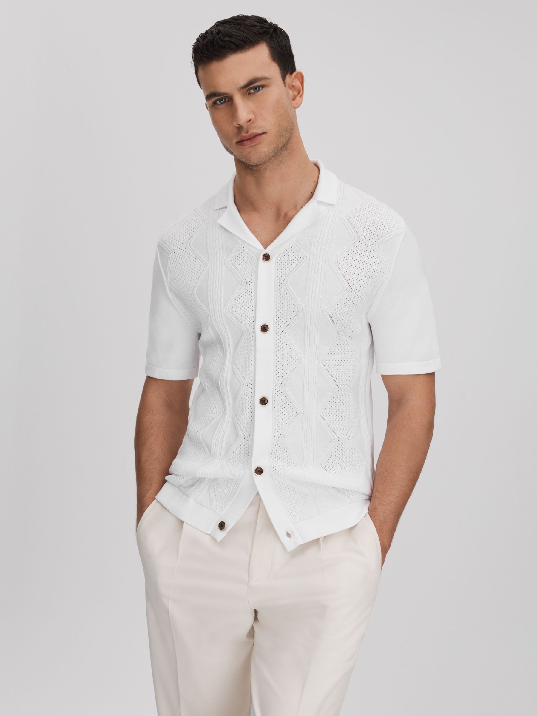 Cable Knit Cuban Collar Shirt in White - Image 1 of 1