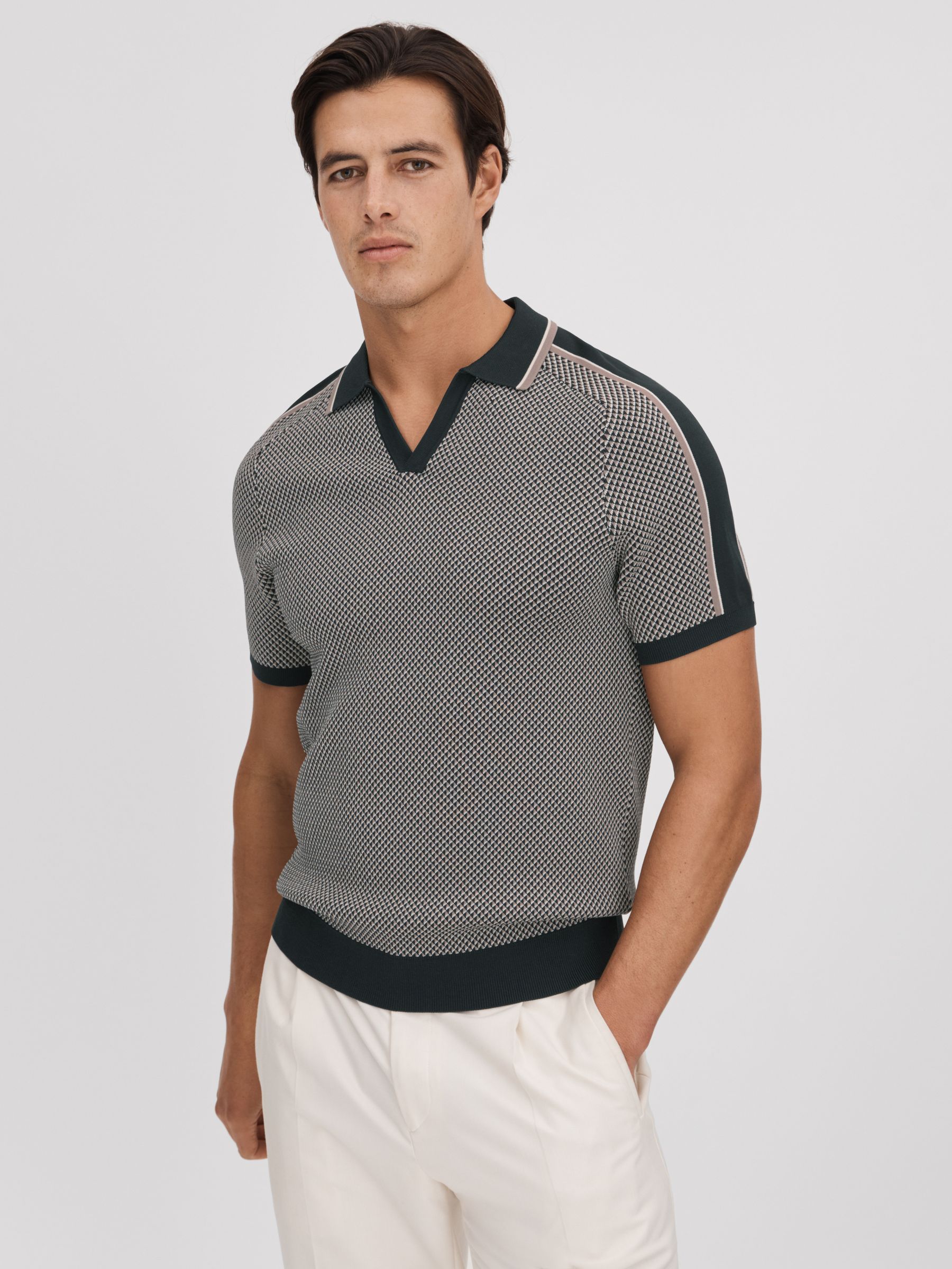 Geometric Design Knitted Open Collar Shirt in Hunting Green - Image 1 of 7