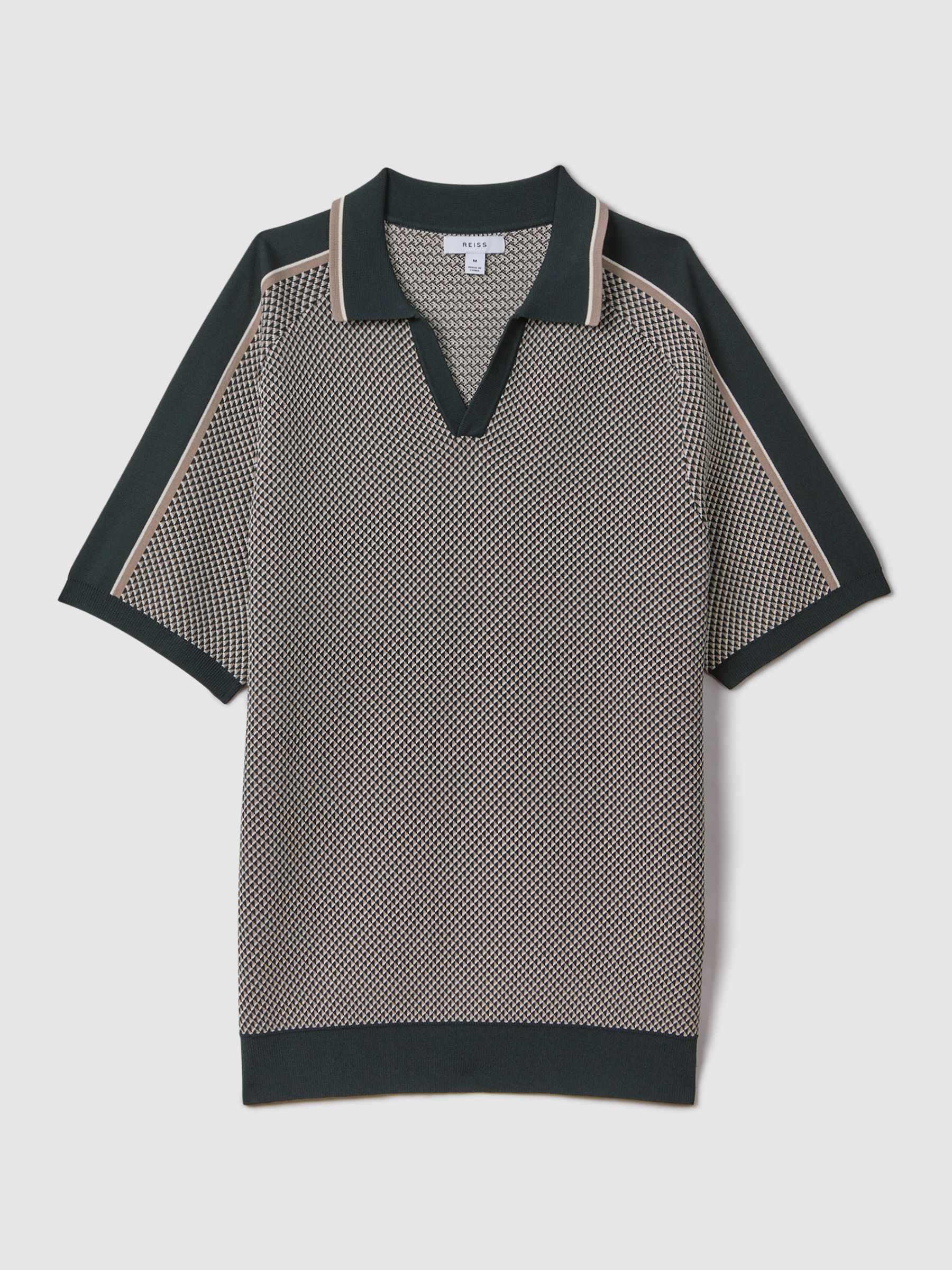Geometric Design Knitted Open Collar Shirt in Hunting Green - Image 2 of 7
