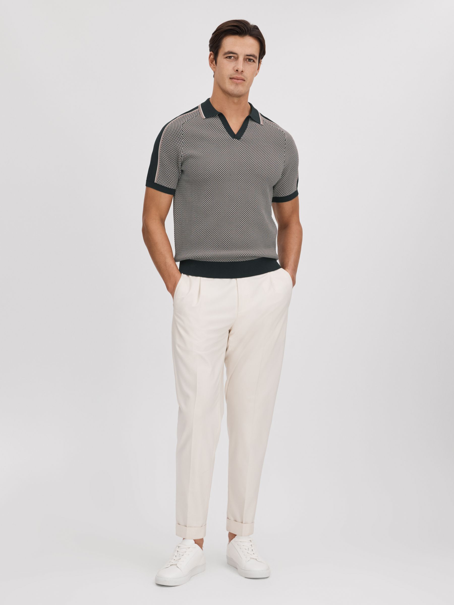 Geometric Design Knitted Open Collar Shirt in Hunting Green - Image 3 of 7