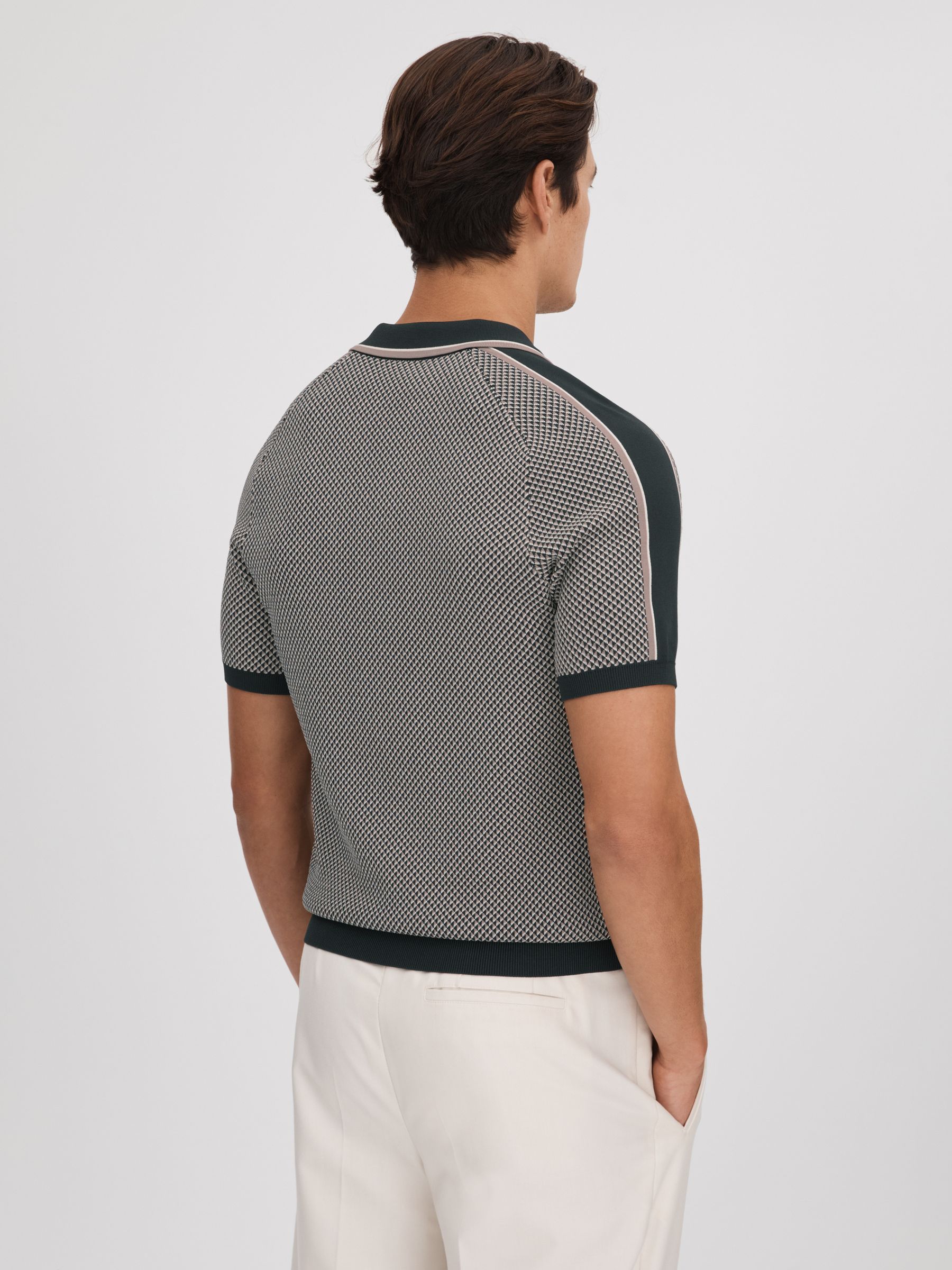 Geometric Design Knitted Open Collar Shirt in Hunting Green - Image 5 of 7