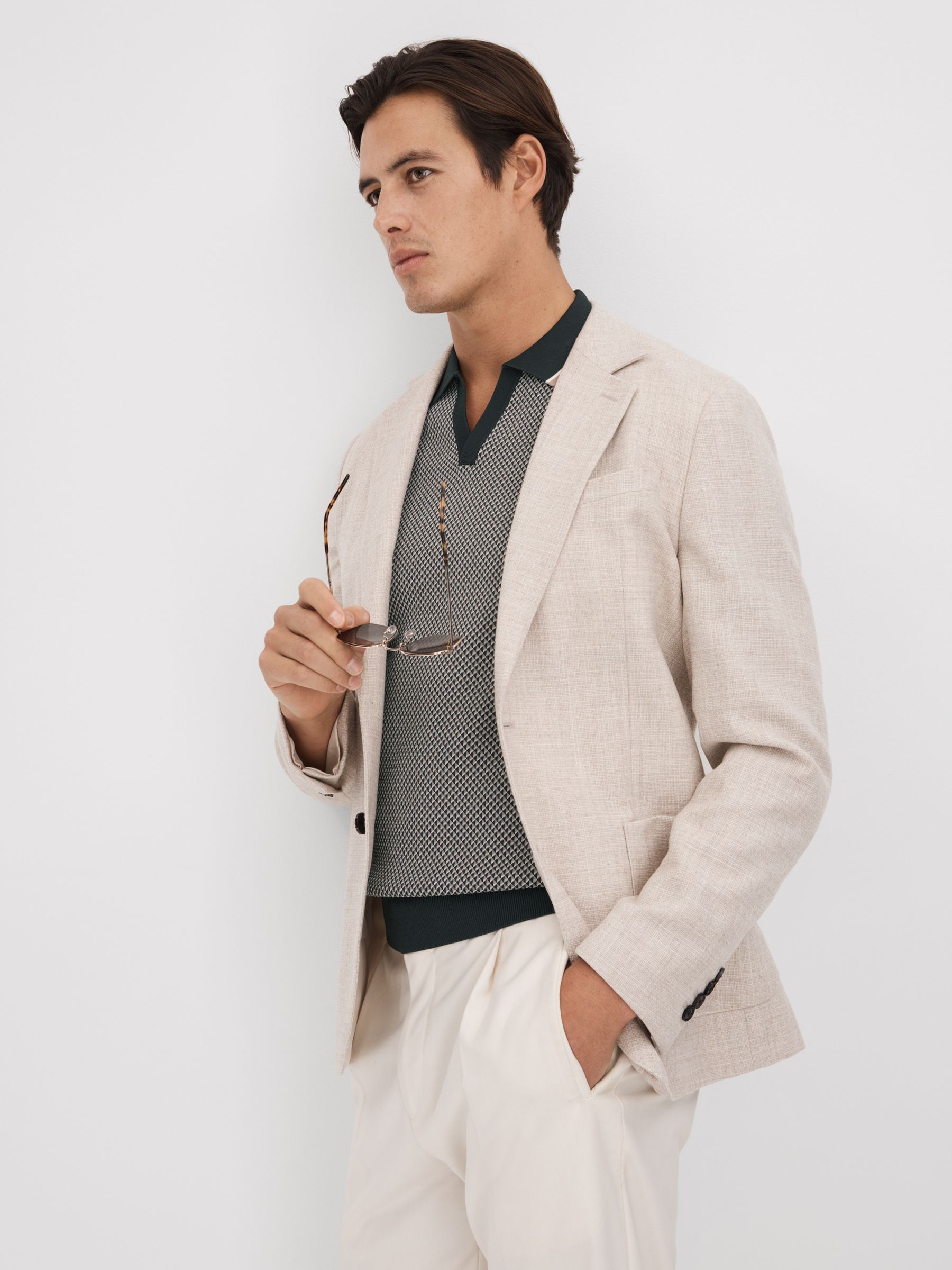 Geometric Design Knitted Open Collar Shirt in Hunting Green - Image 6 of 7