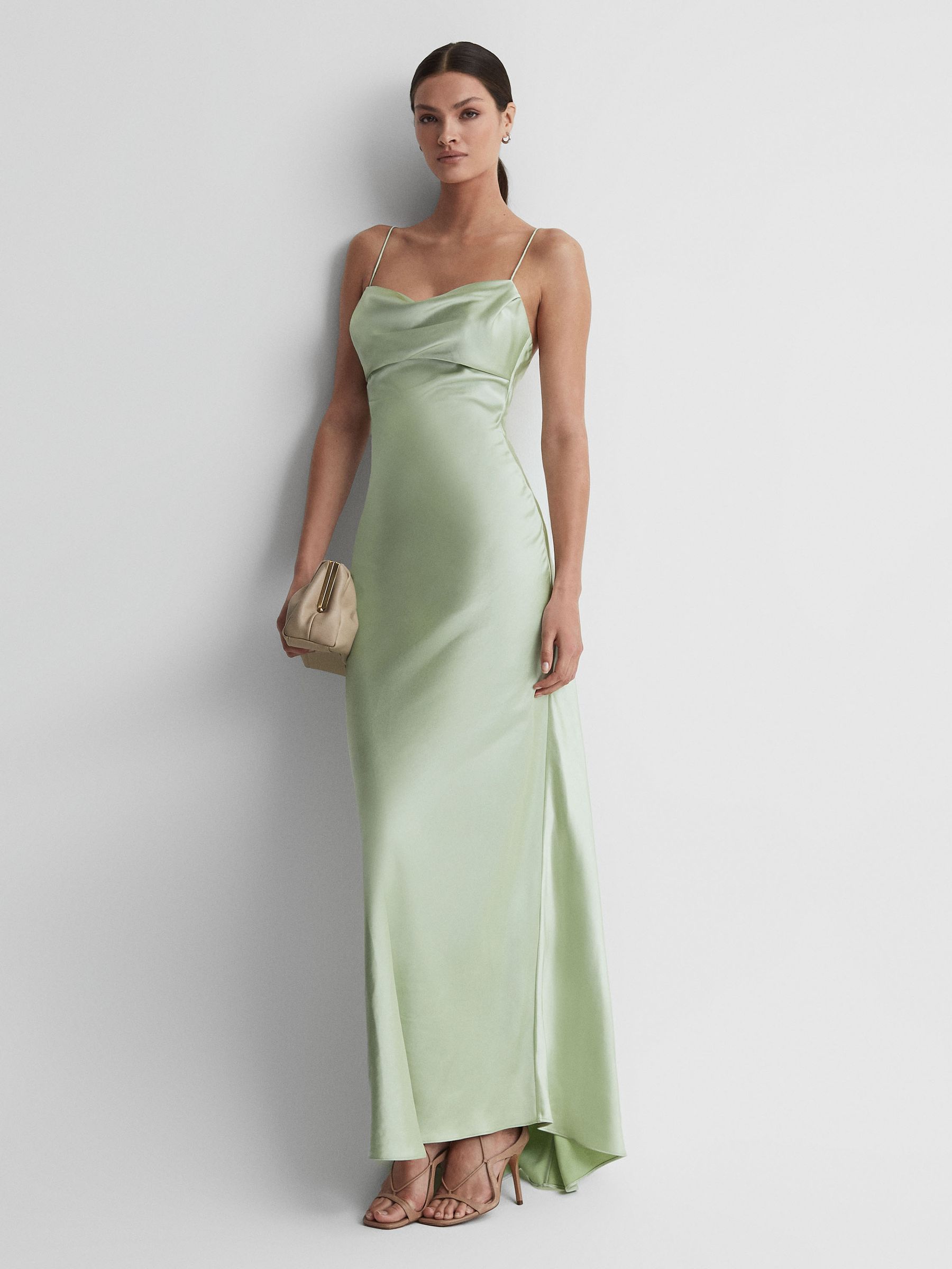Rachel Gilbert Seafoam Satin Cowl Neck Maxi Dress in Seafoam - Image 1 of 6
