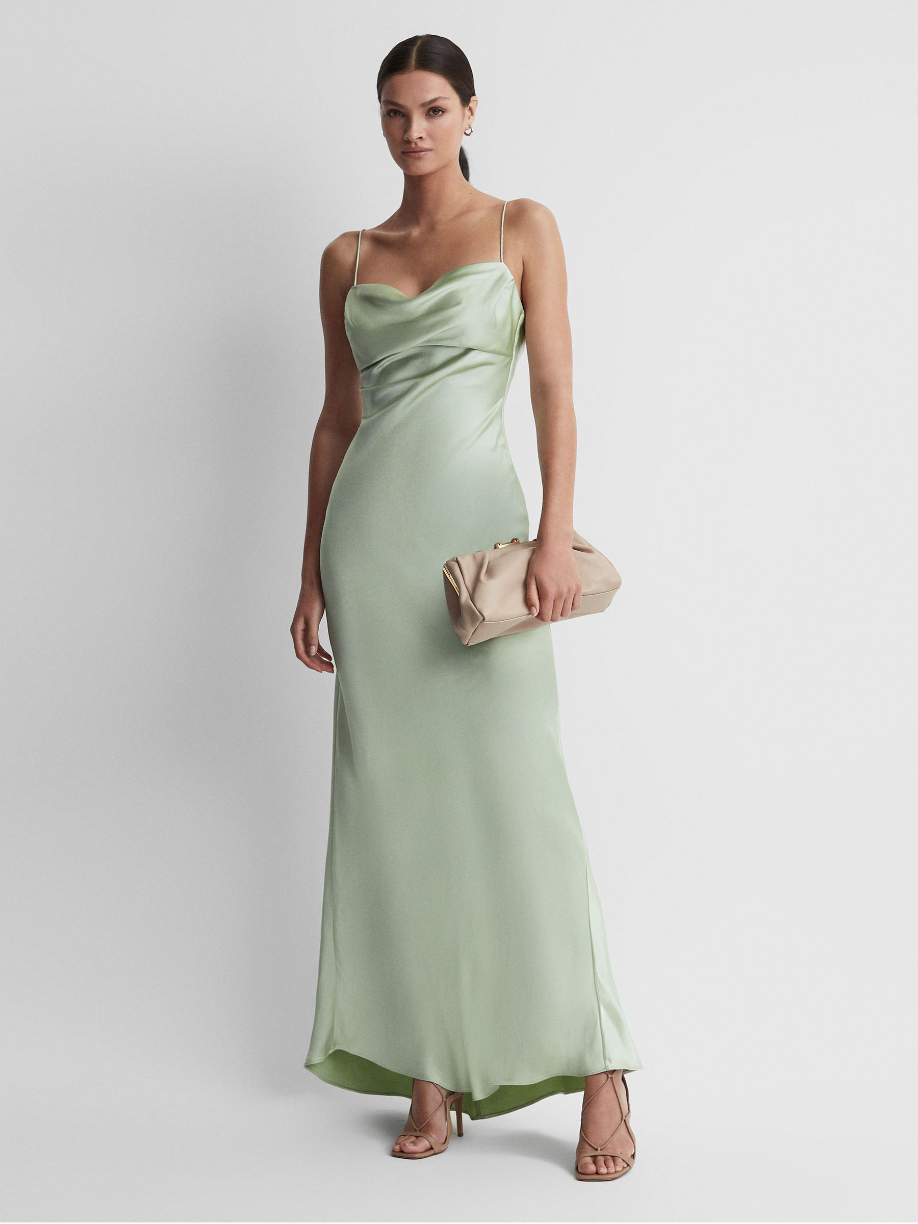 Rachel Gilbert Seafoam Satin Cowl Neck Maxi Dress in Seafoam - Image 5 of 6