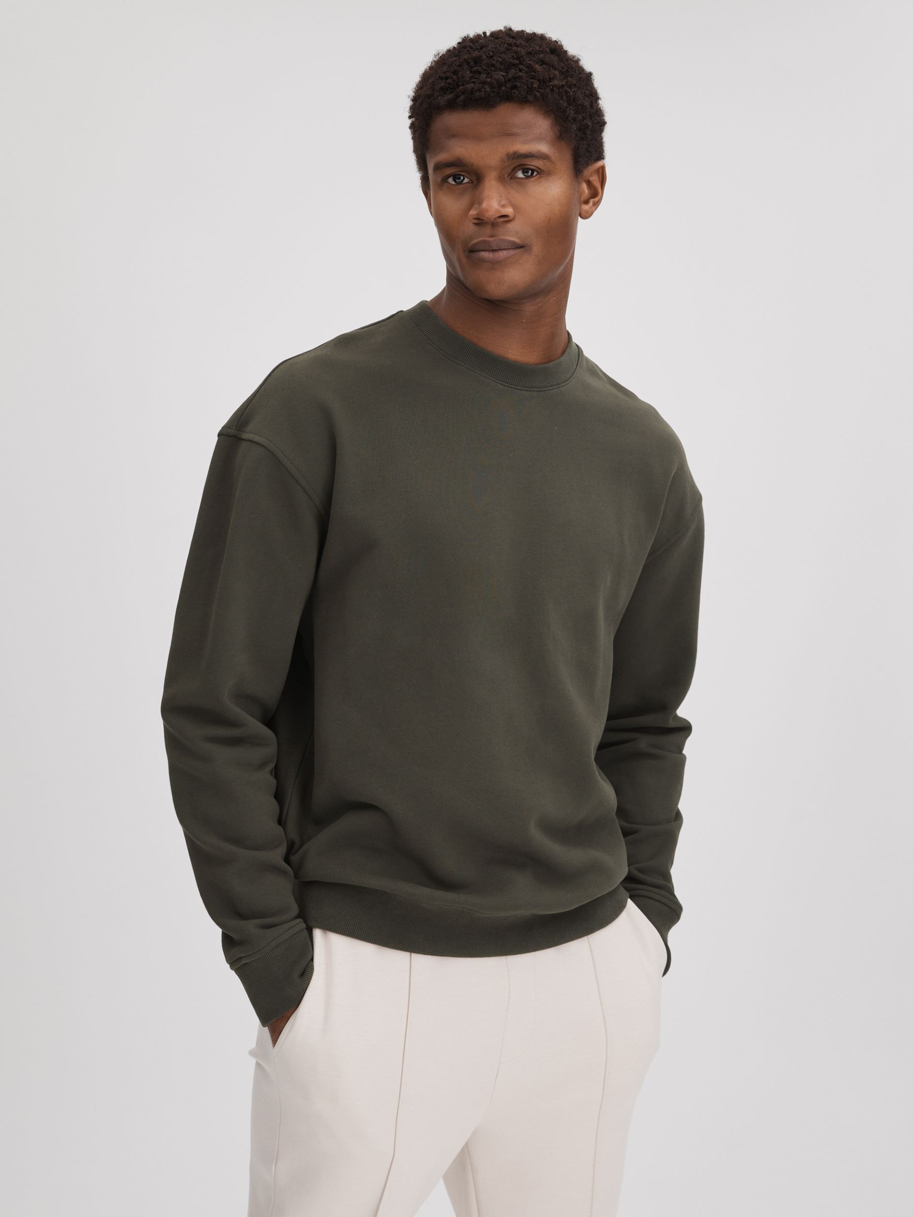 Cotton Crew Neck Sweatshirt in Khaki - Image 1 of 5
