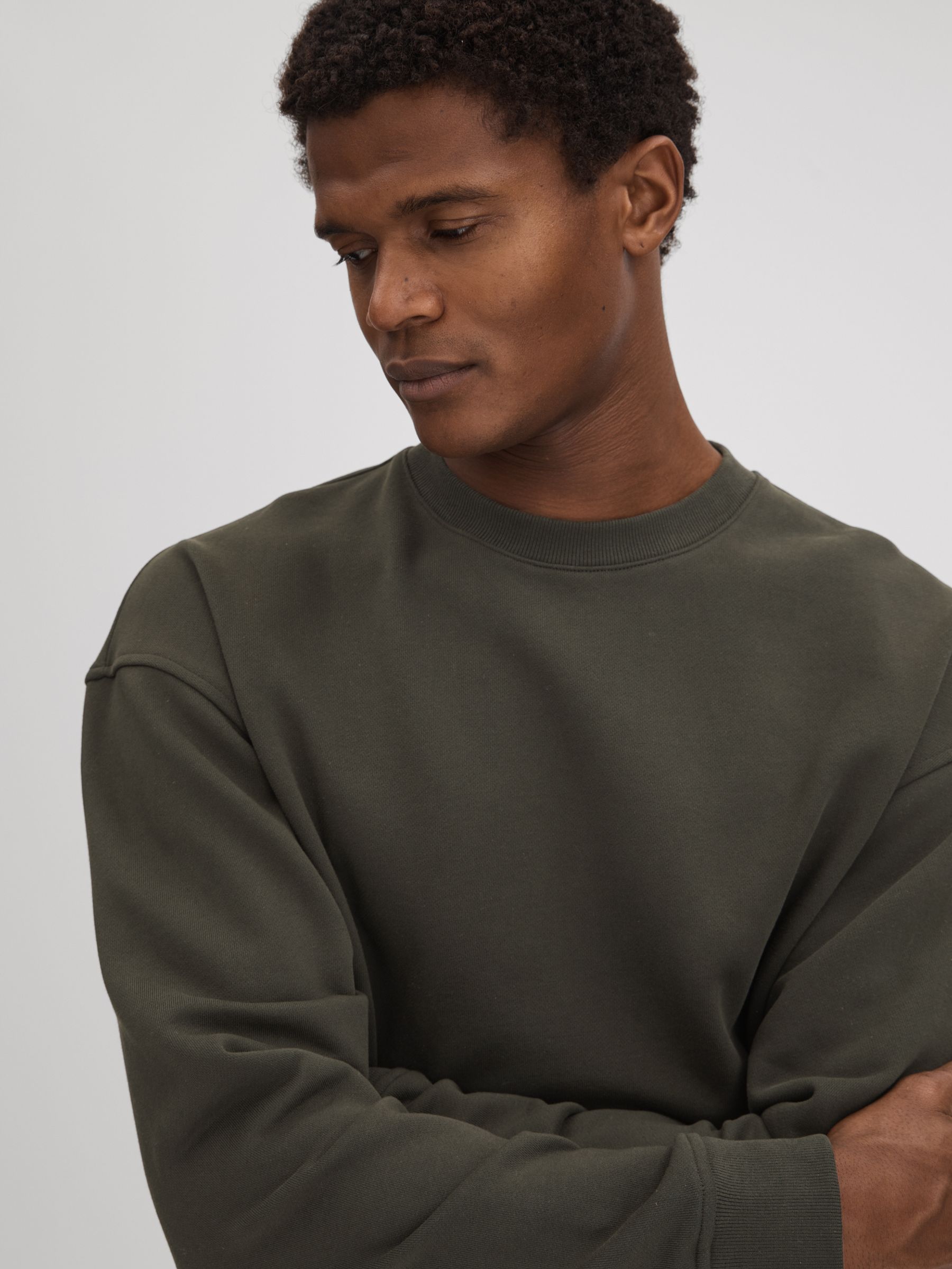 Cotton Crew Neck Sweatshirt in Khaki - Image 4 of 5